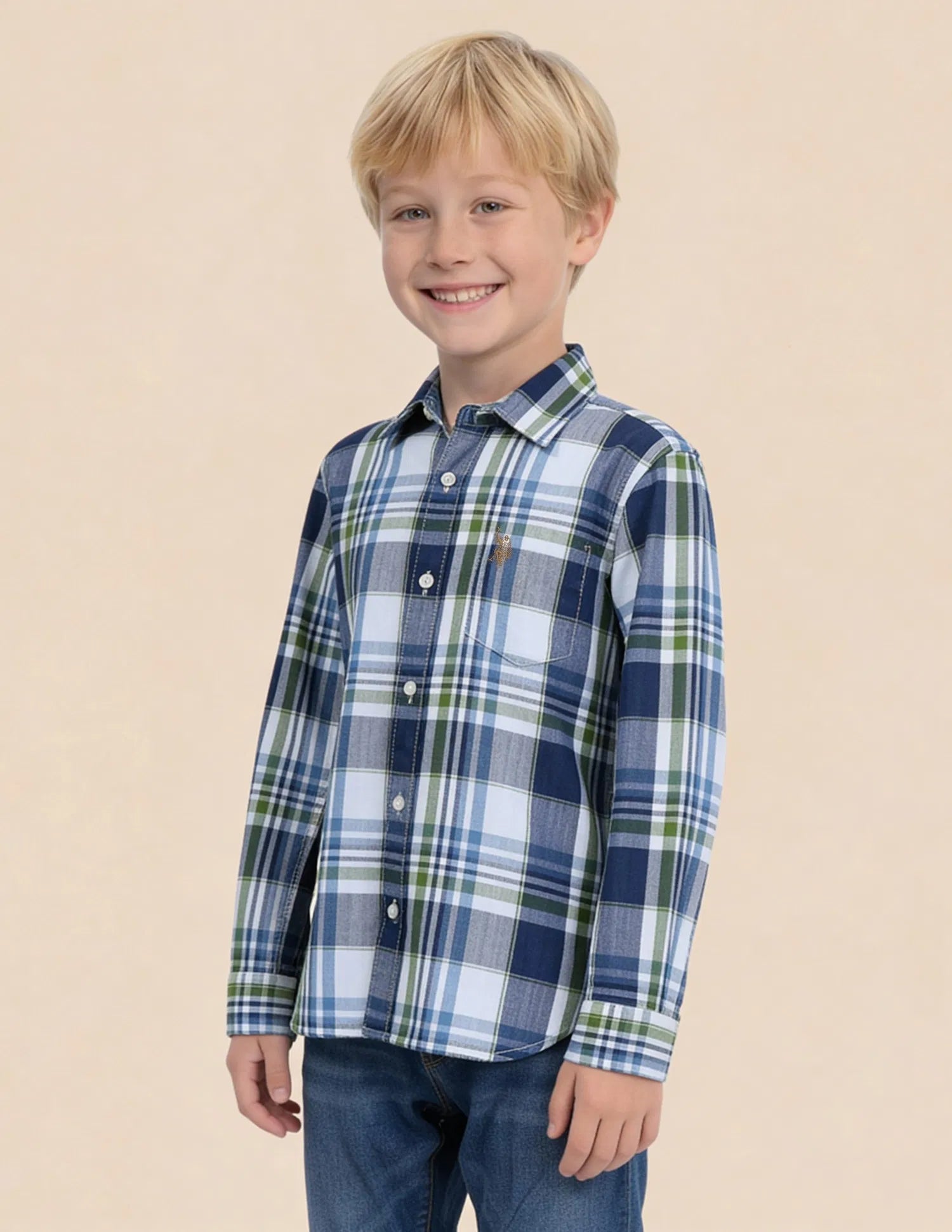 Boys Indigo Tartan Checked Cotton Twill Shirt – Regular Fit