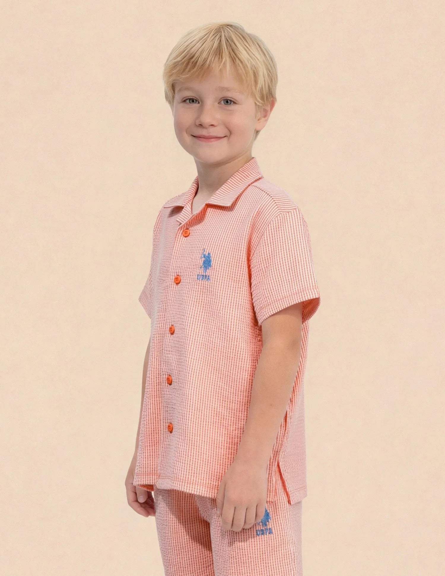 Boys Orange Vertical Striped Seersucker Shirt – Regular Fit