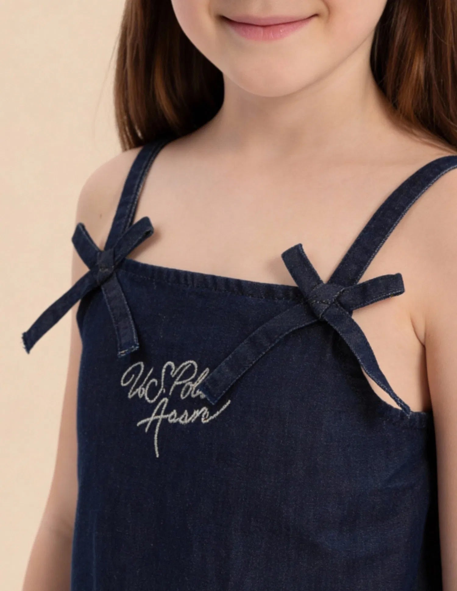 Girls Dark Blue Cotton Denim A-Line Strappy Dress