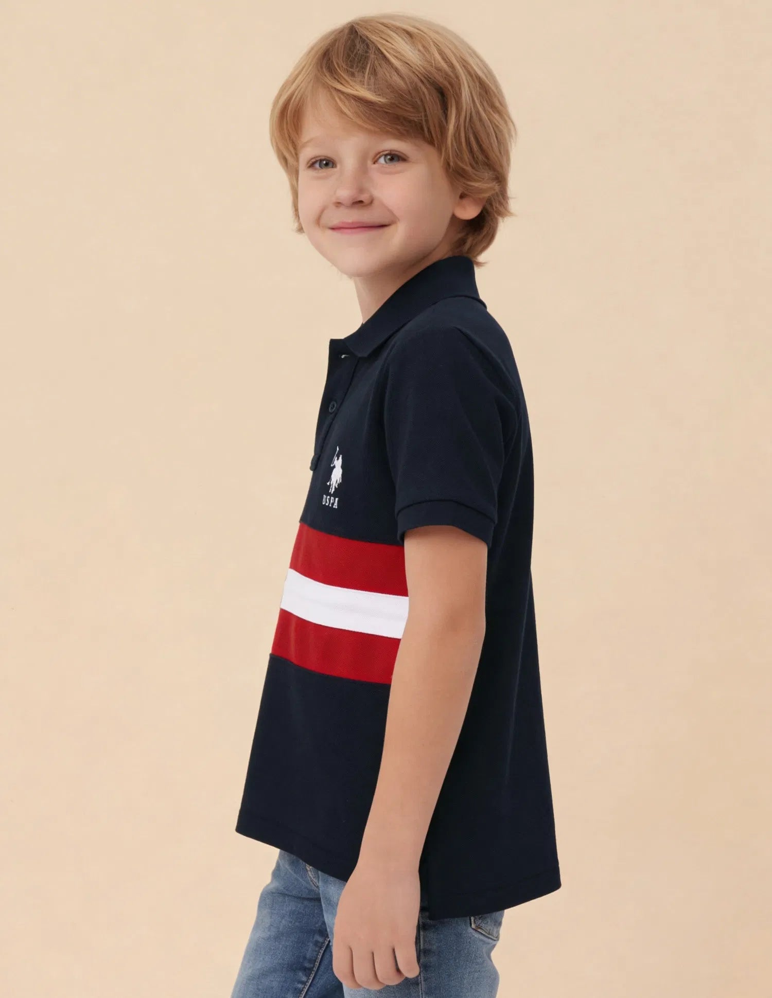 Boys Navy Cotton Graphic Print Regular Fit Polo Shirt