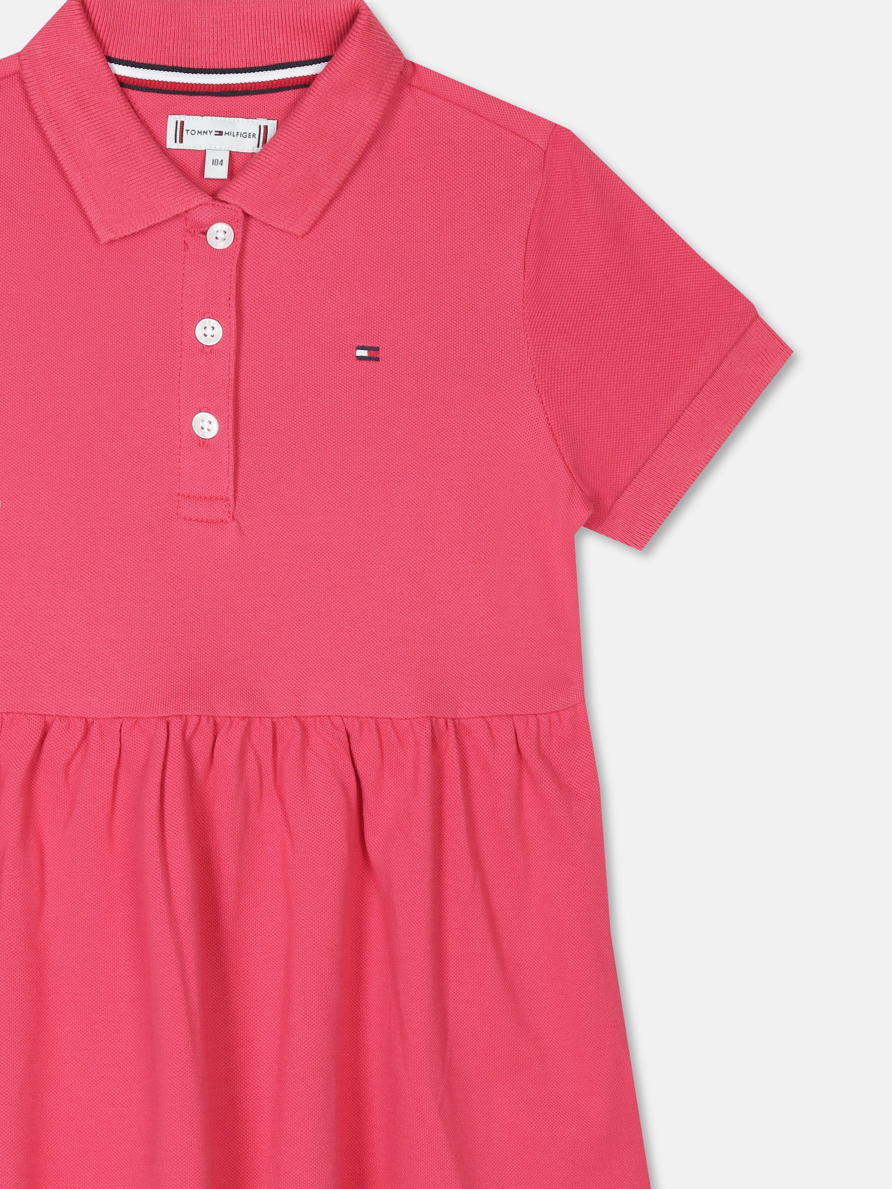 Girls Pink Solid Polo Collar Cotton Blend Dress
