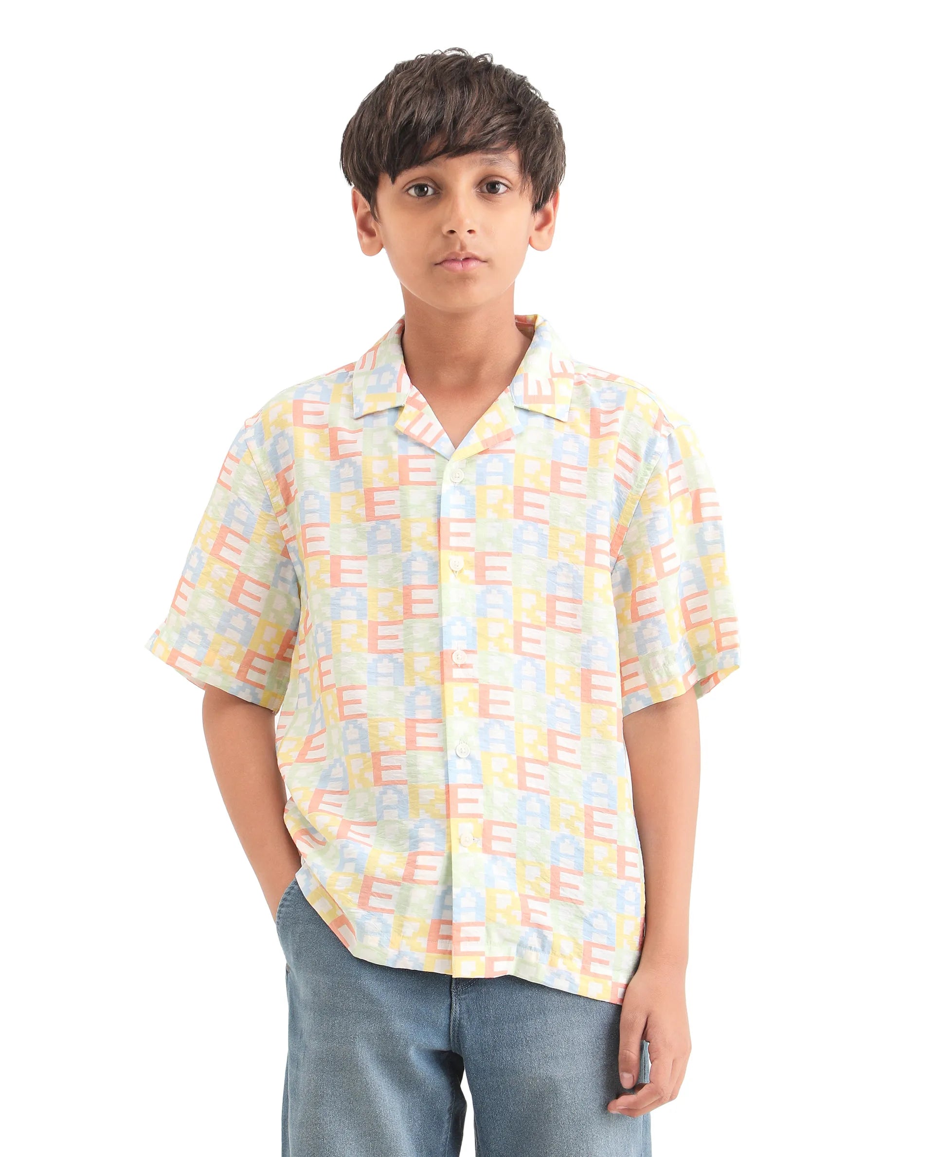 Boys Multi Print Boxy Fit Viscose Blend Shirt