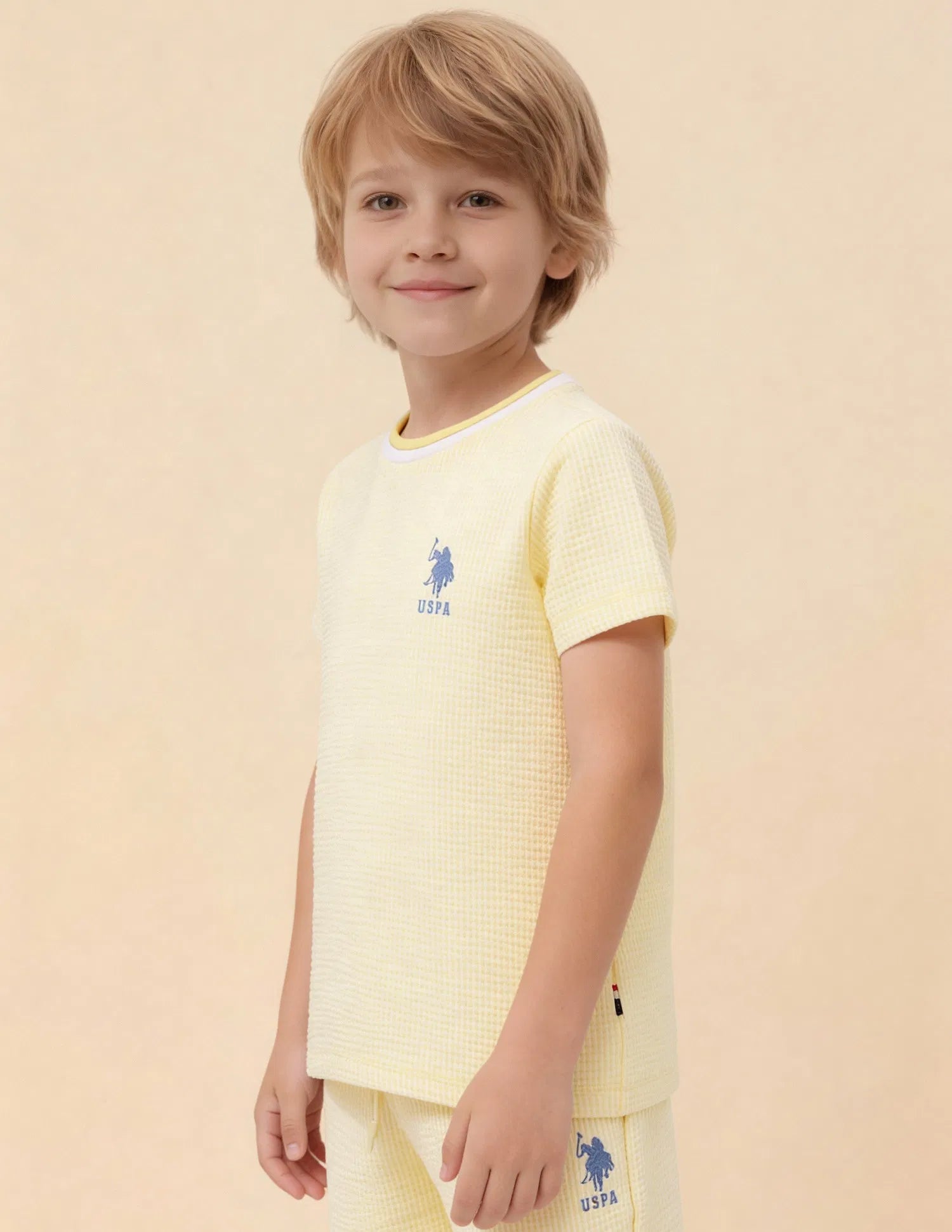 Boys Light Yellow Cotton Blend Textured Regular Fit T-Shirt