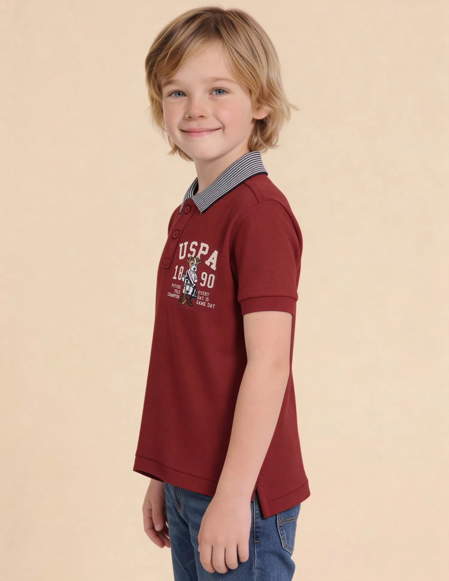 Boys Red Cotton Graphic Print Regular Fit Polo Shirt