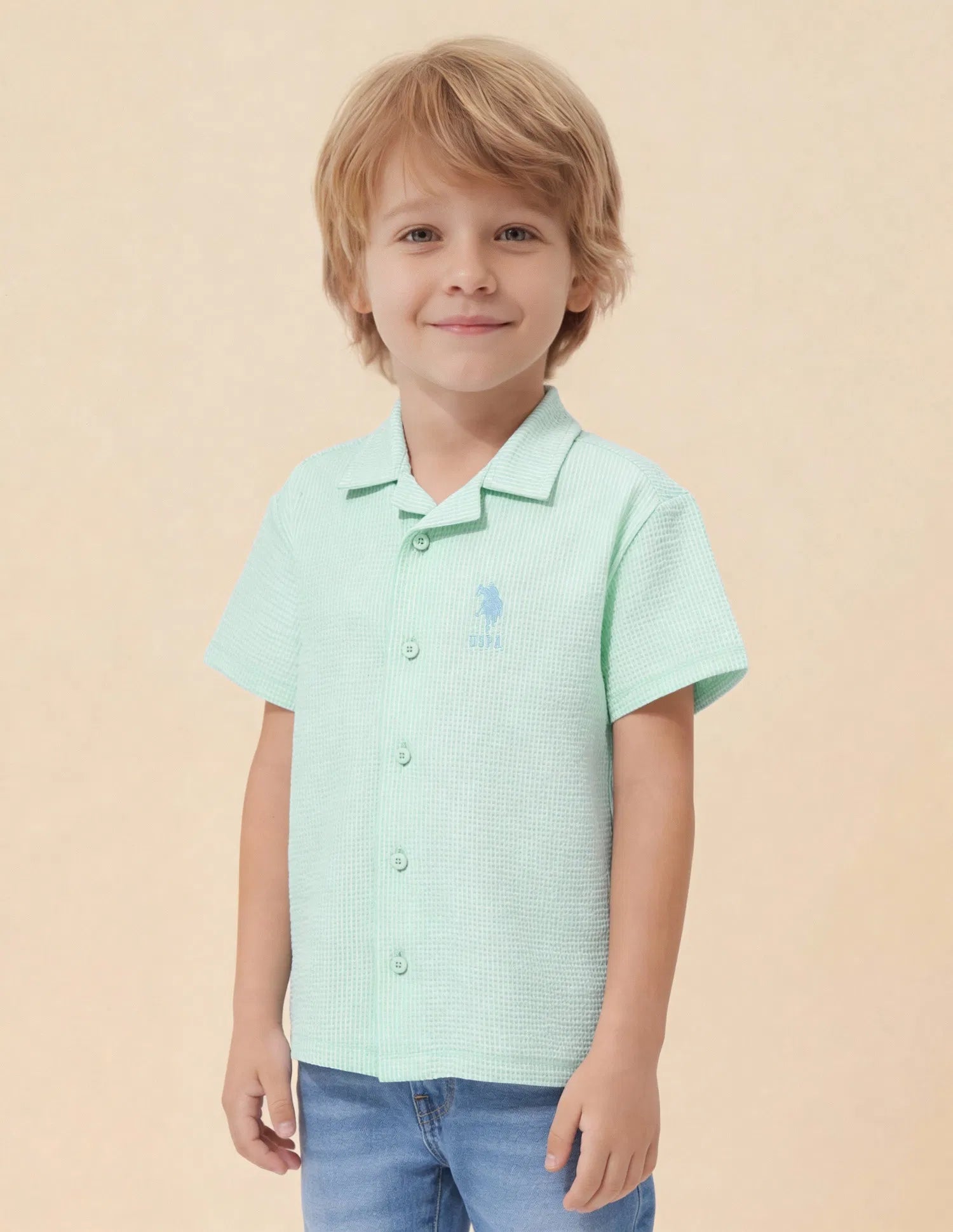 Boys Light Green Vertical Striped Seersucker Shirt – Regular Fit