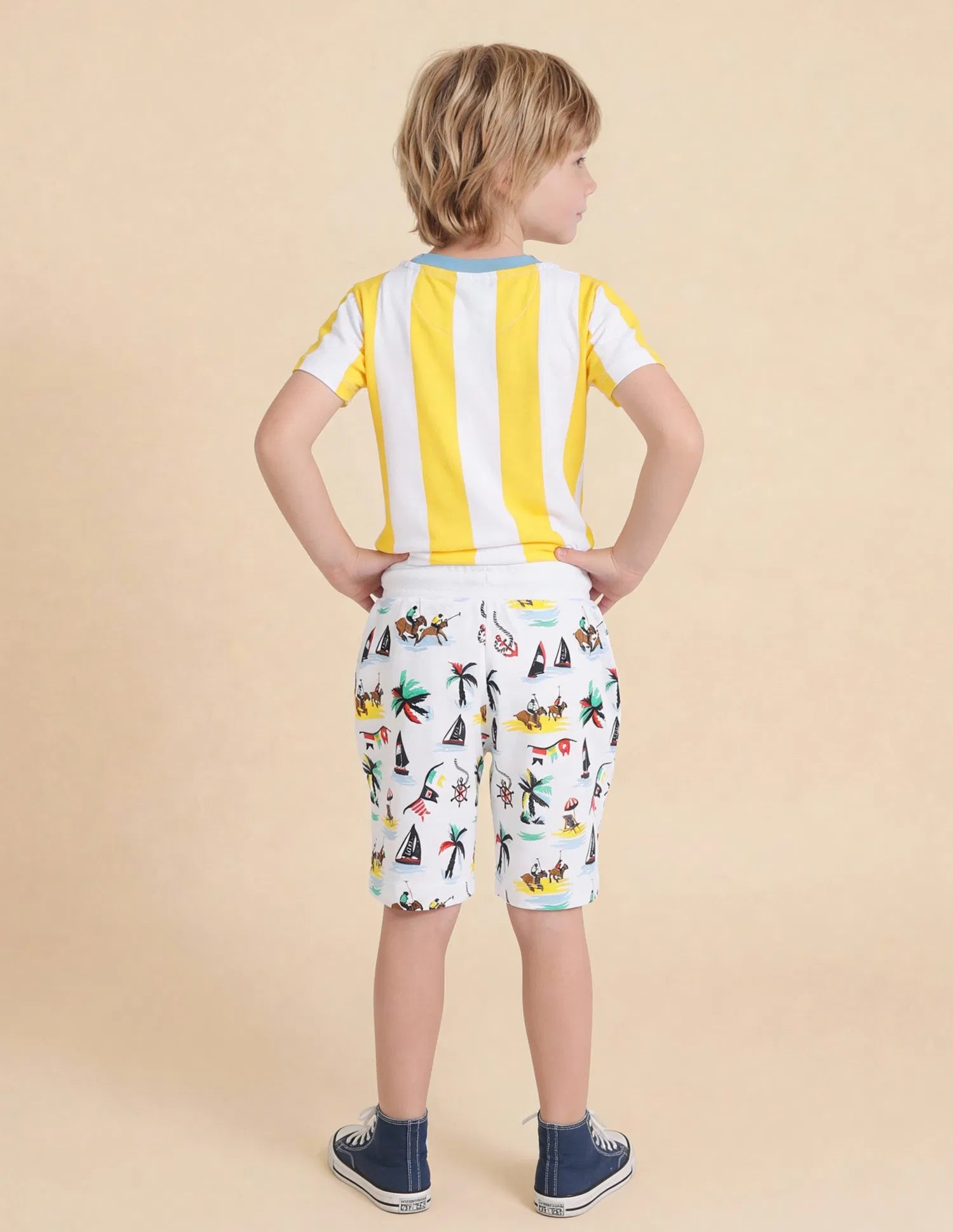 Boys White Cotton Graphic Printed Bermuda Shorts