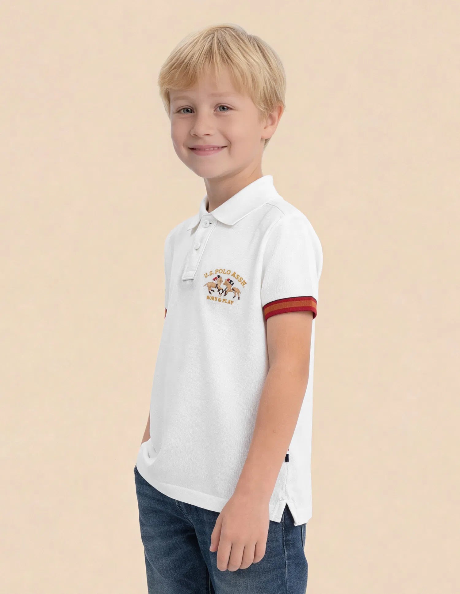 Boys Off White Cotton Polo Shirt Regular Fit
