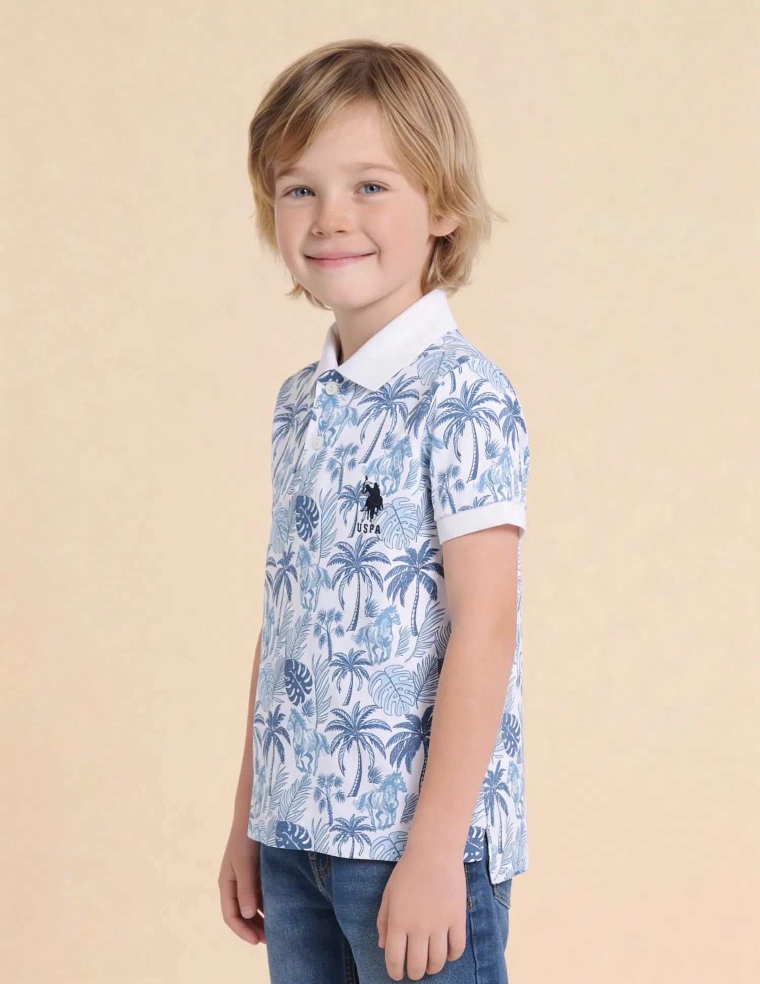 Boys Off White Cotton All-Over Print Regular Fit Polo Shirt
