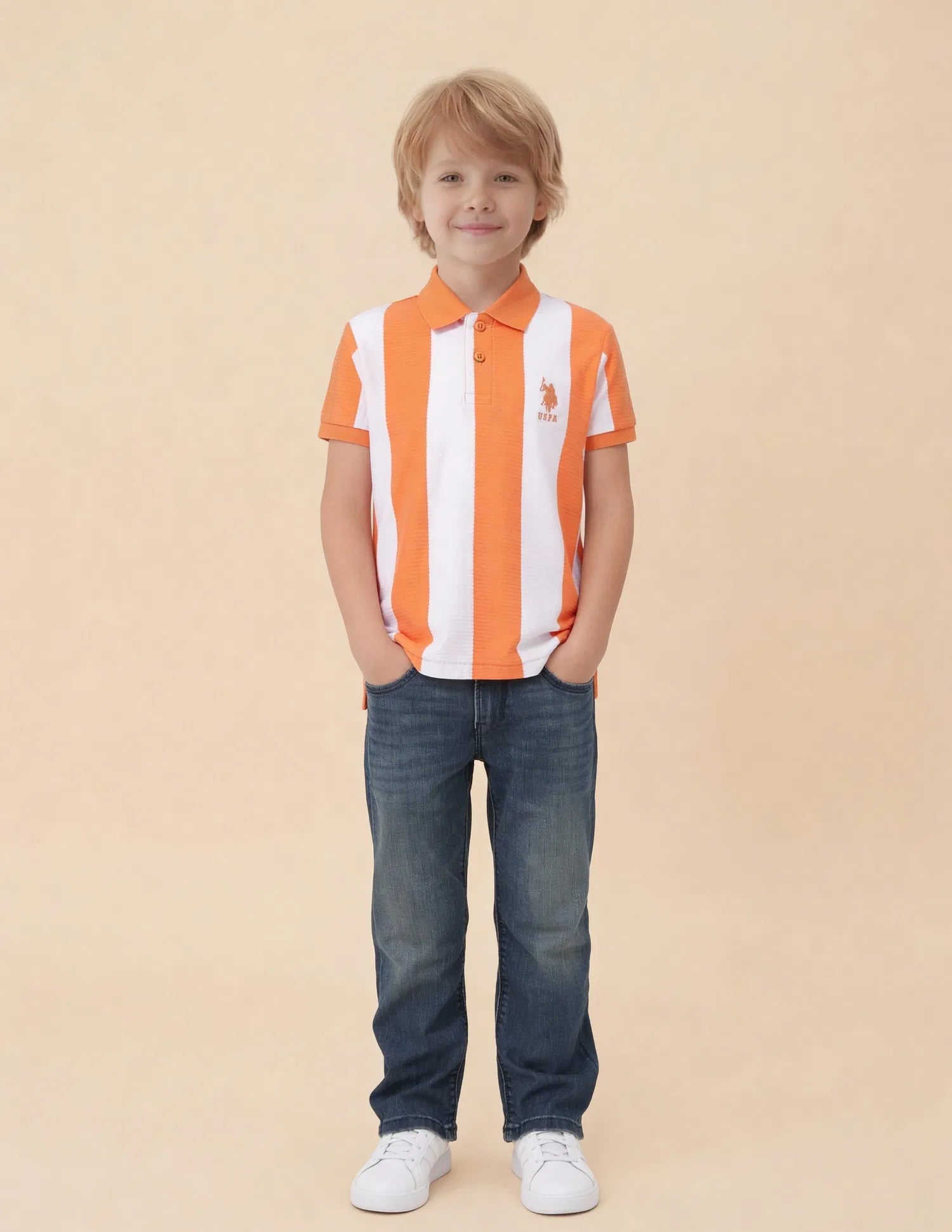 Boys Orange Cotton Blend Vertical Striped Regular Fit Polo Shirt