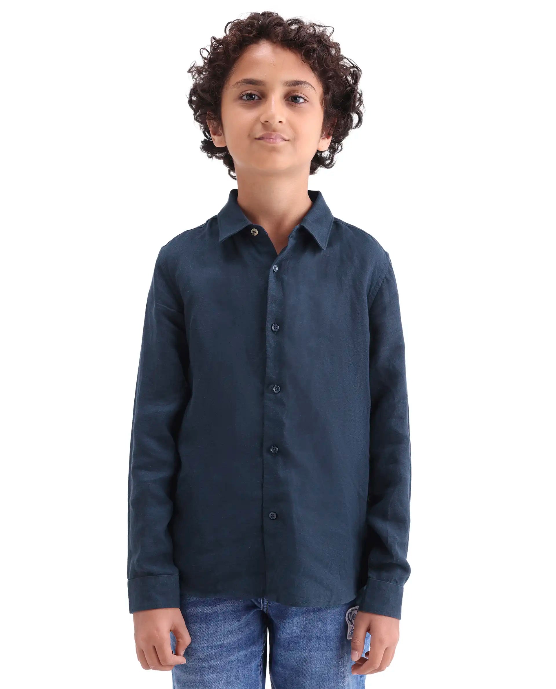Boys Dark Navy Linen Blend Regular Fit Shirt