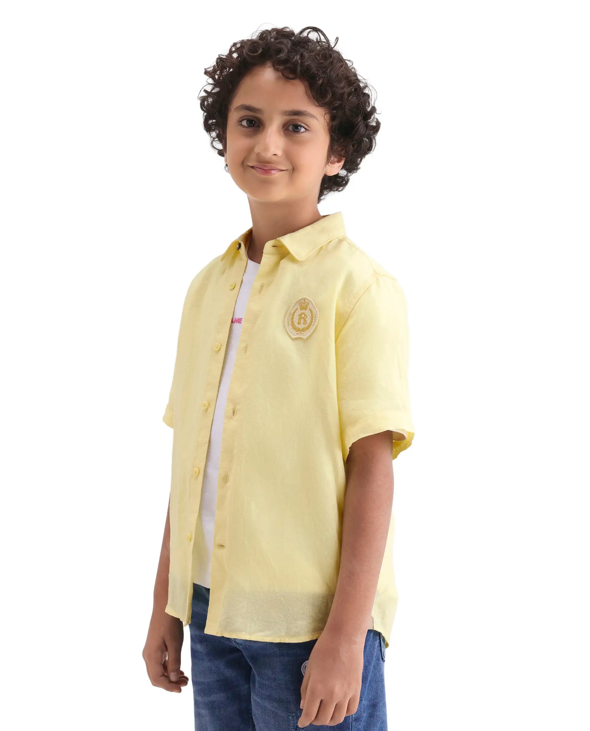Boys Yellow Linen Blend Regular Fit Shirt