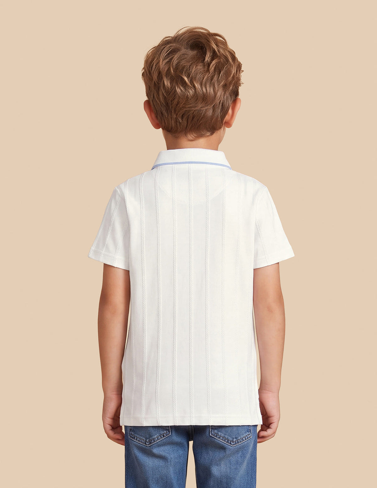 Boys Off White Cotton Vertical Striped Regular Fit Polo Shirt
