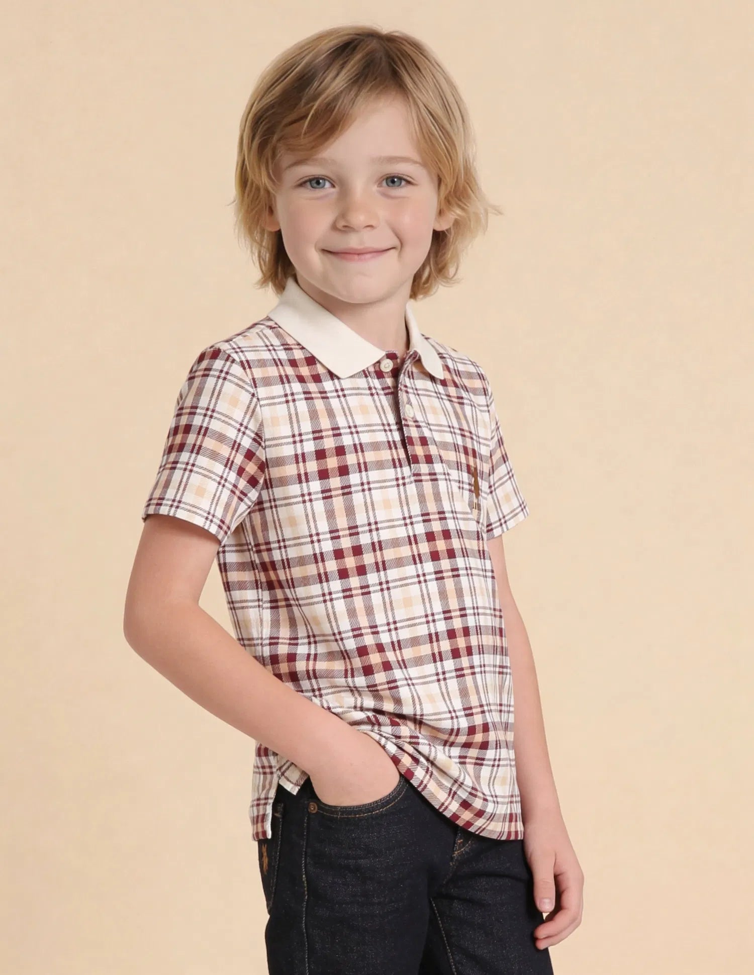 Boys White Cotton Checked Regular Fit Polo Shirt