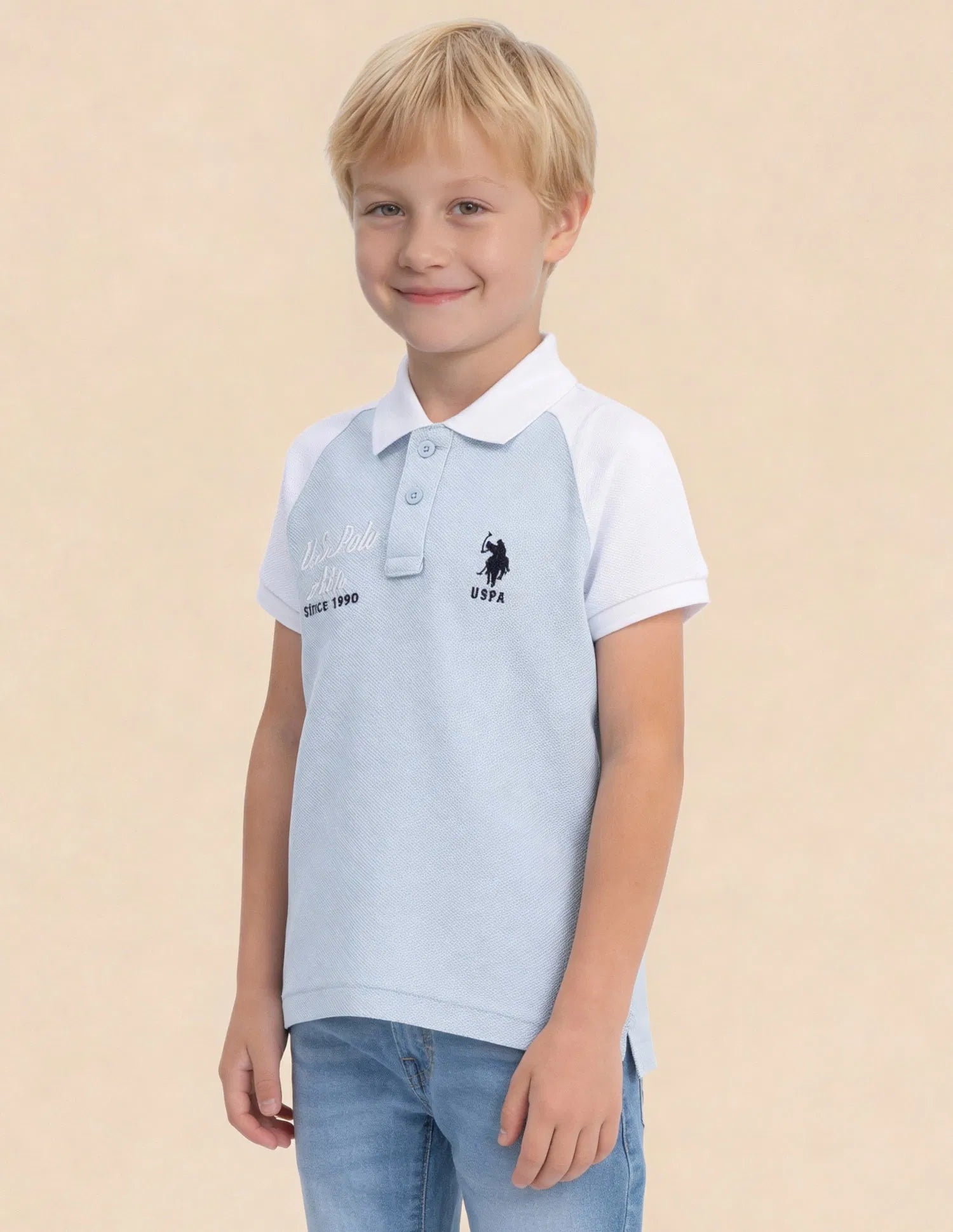 Boys Light Blue Cotton Colour Block Regular Fit Polo Shirt