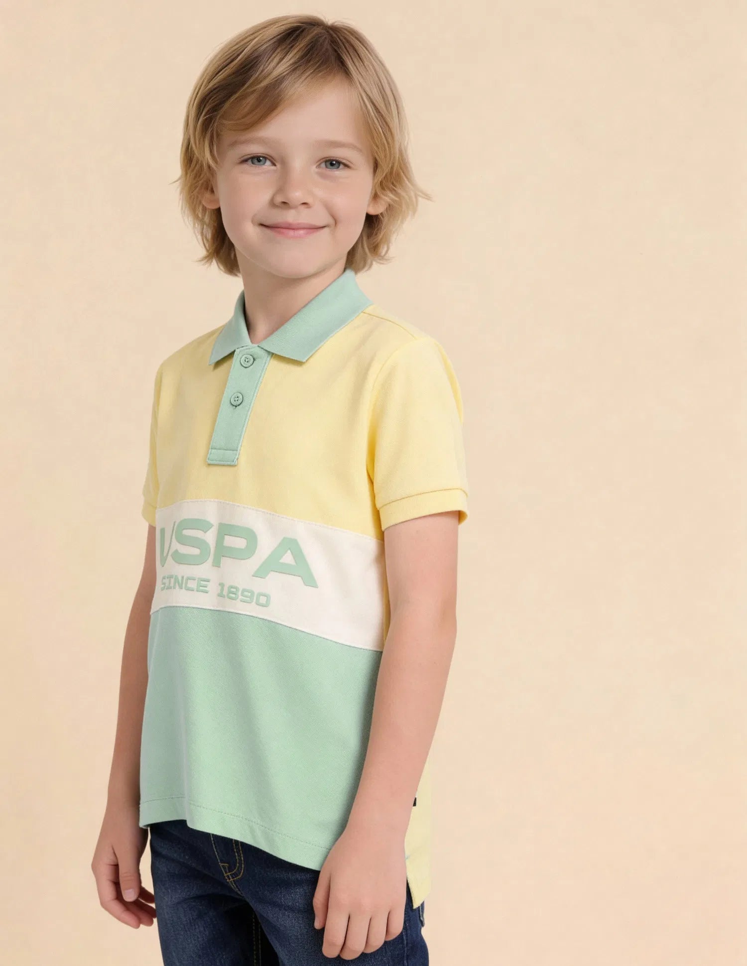 Boys Light Green Cotton Logo Print Regular Fit Polo Shirt