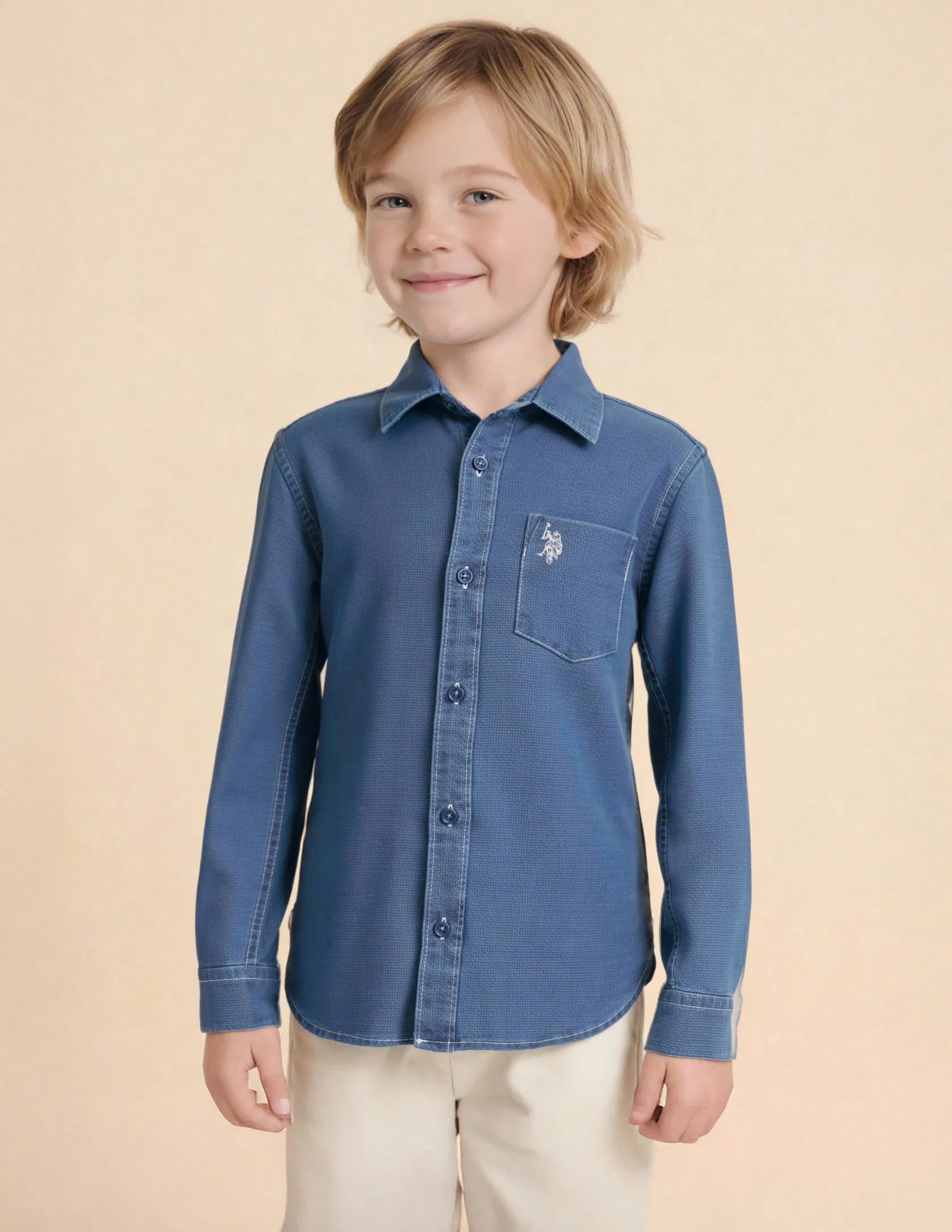 Boys Indigo Cotton Solid Dobby Shirt Regular Fit