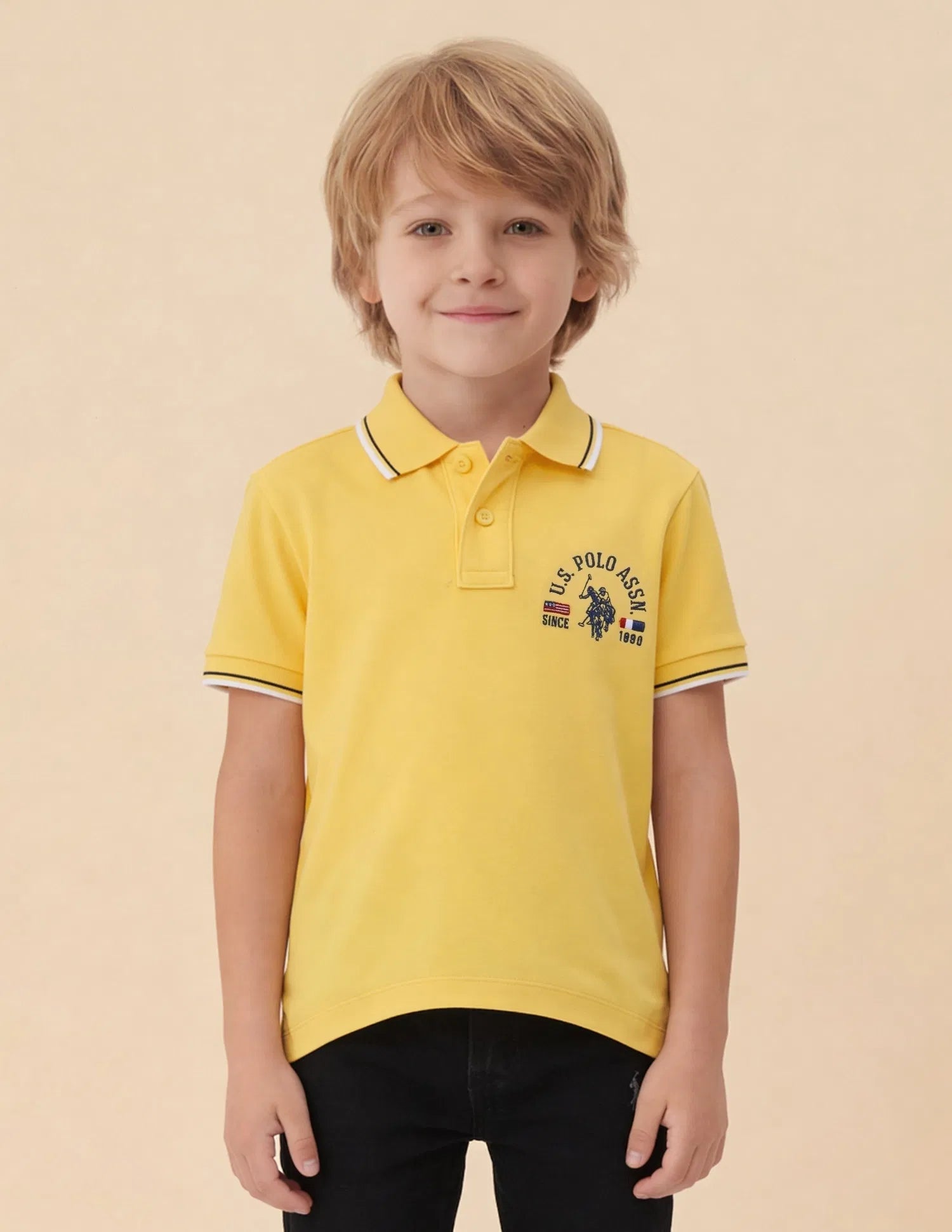 Boys Light Yellow Cotton Graphic Print Regular Fit Polo Shirt