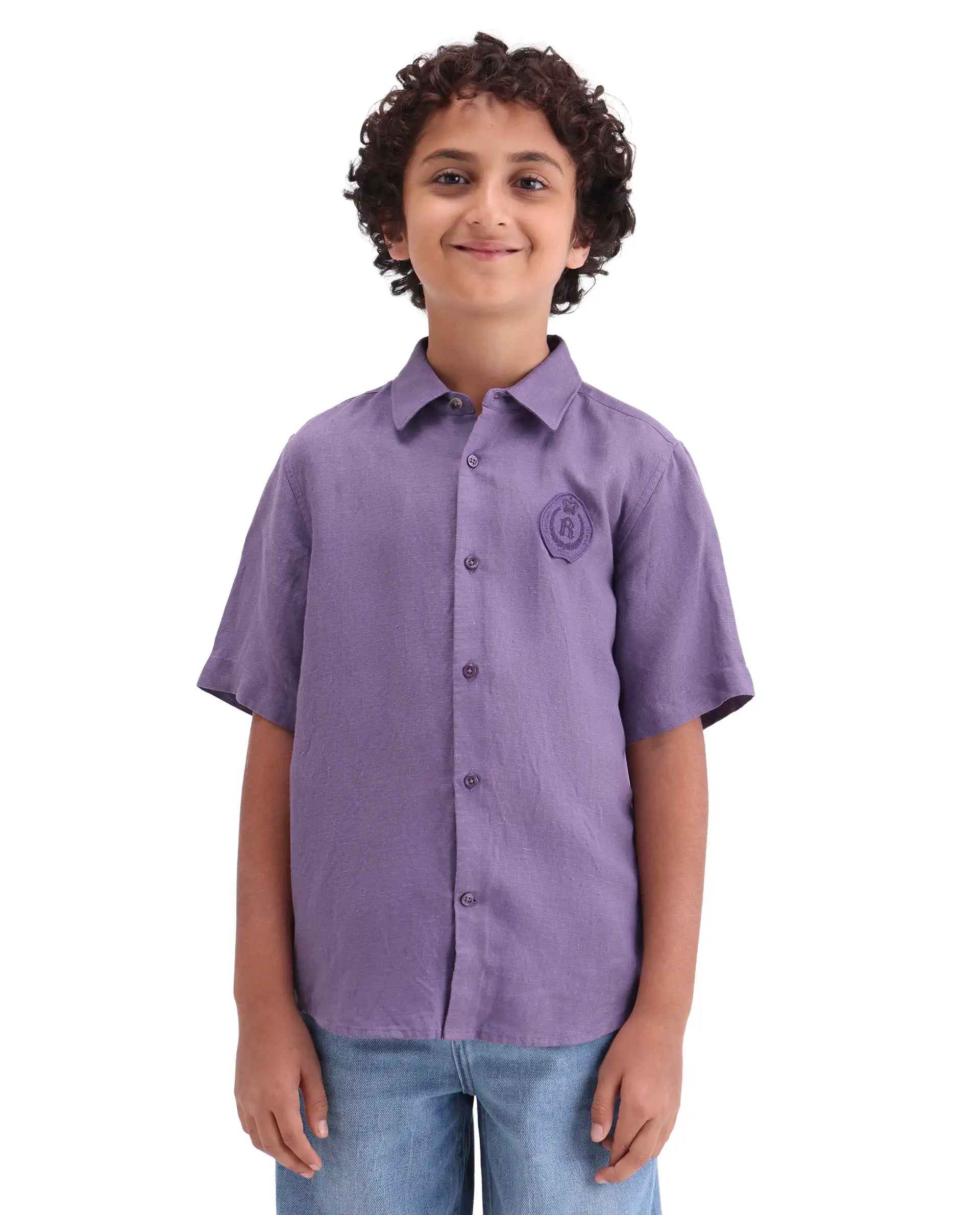 Boys Purple Linen Blend Regular Fit Shirt