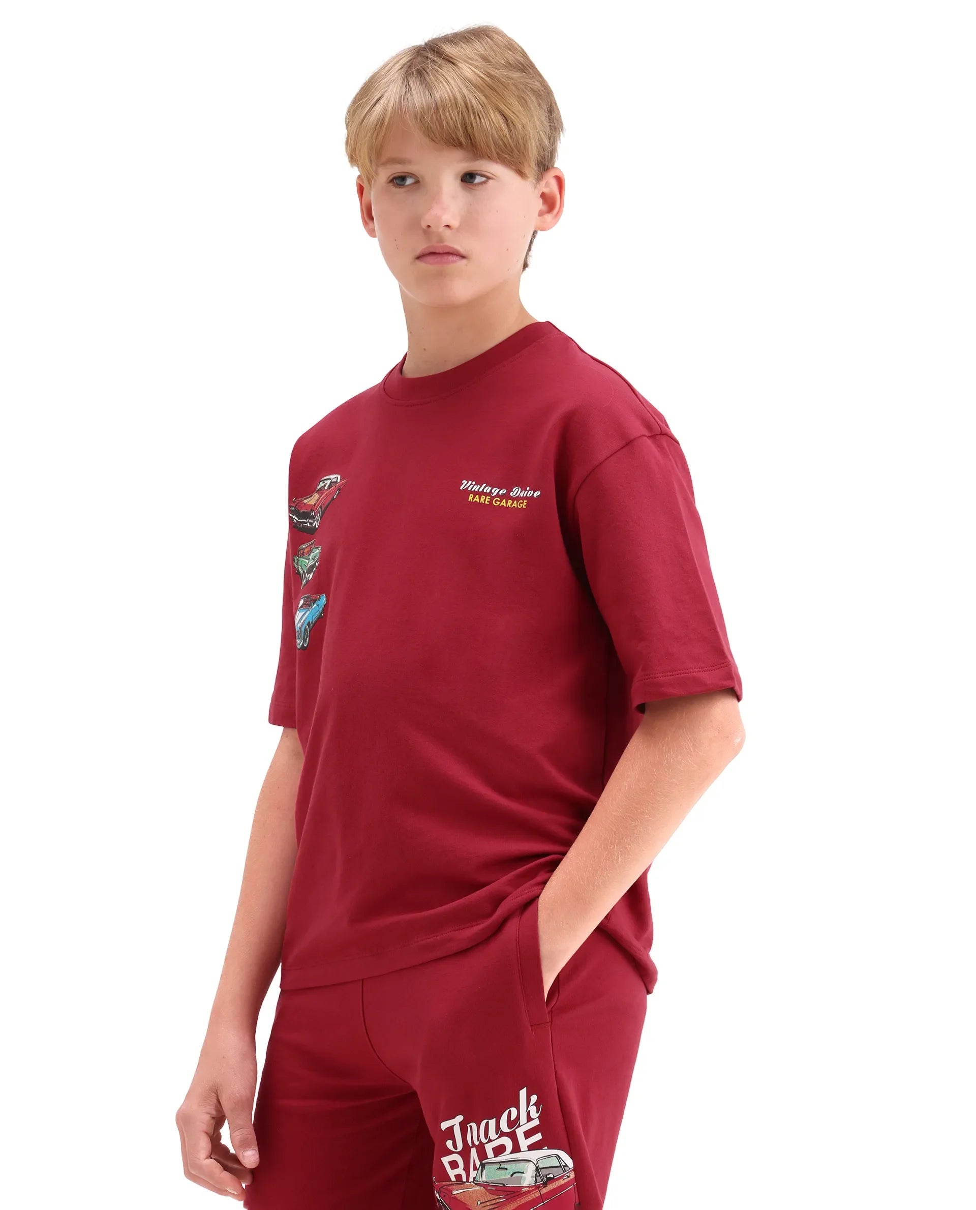 Boys Red Digital Print Oversized T-Shirt