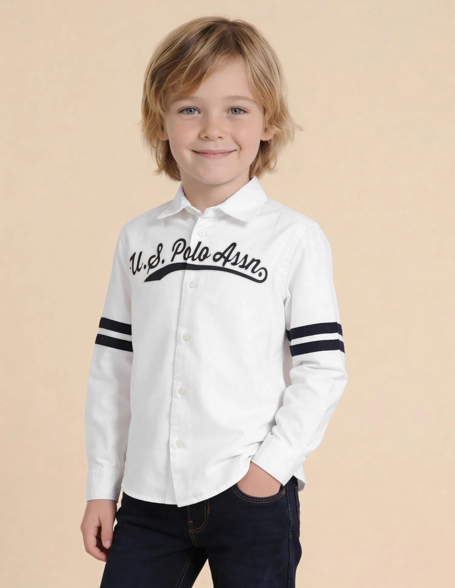 Boys White Logo Printed Cotton Oxford Shirt – Regular Fit
