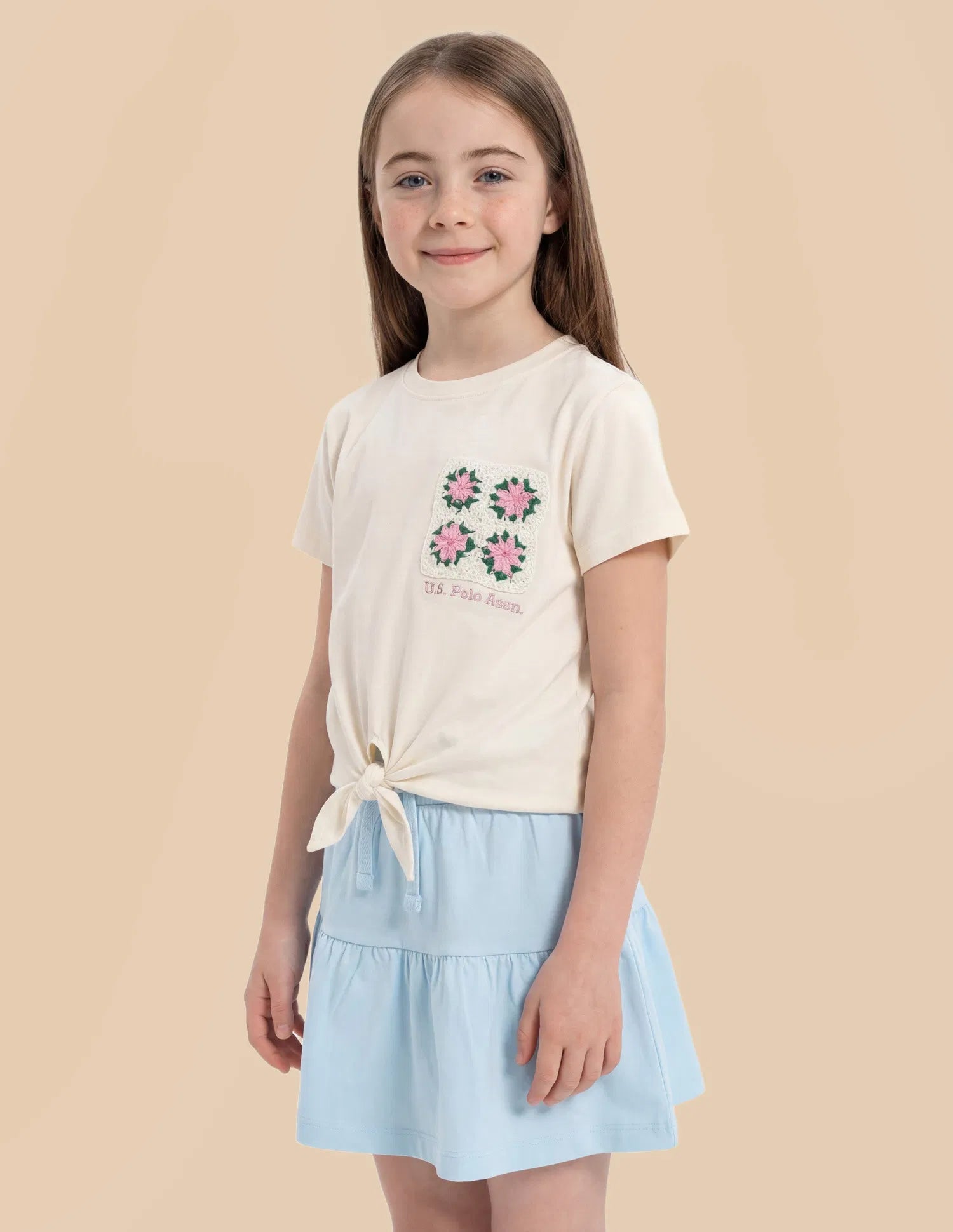 Girls Off White Cotton Floral Crochet Knotted Top