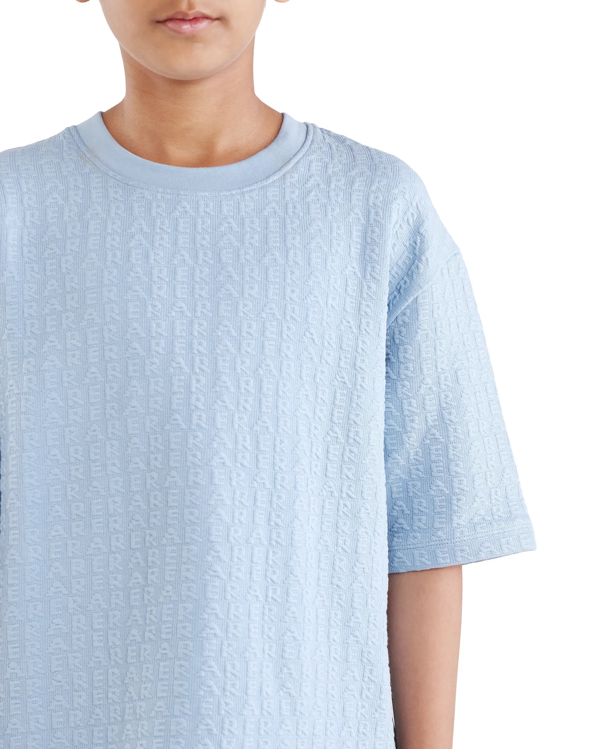 Boys Blue Jacquard Oversized Polyester Blend T-Shirt