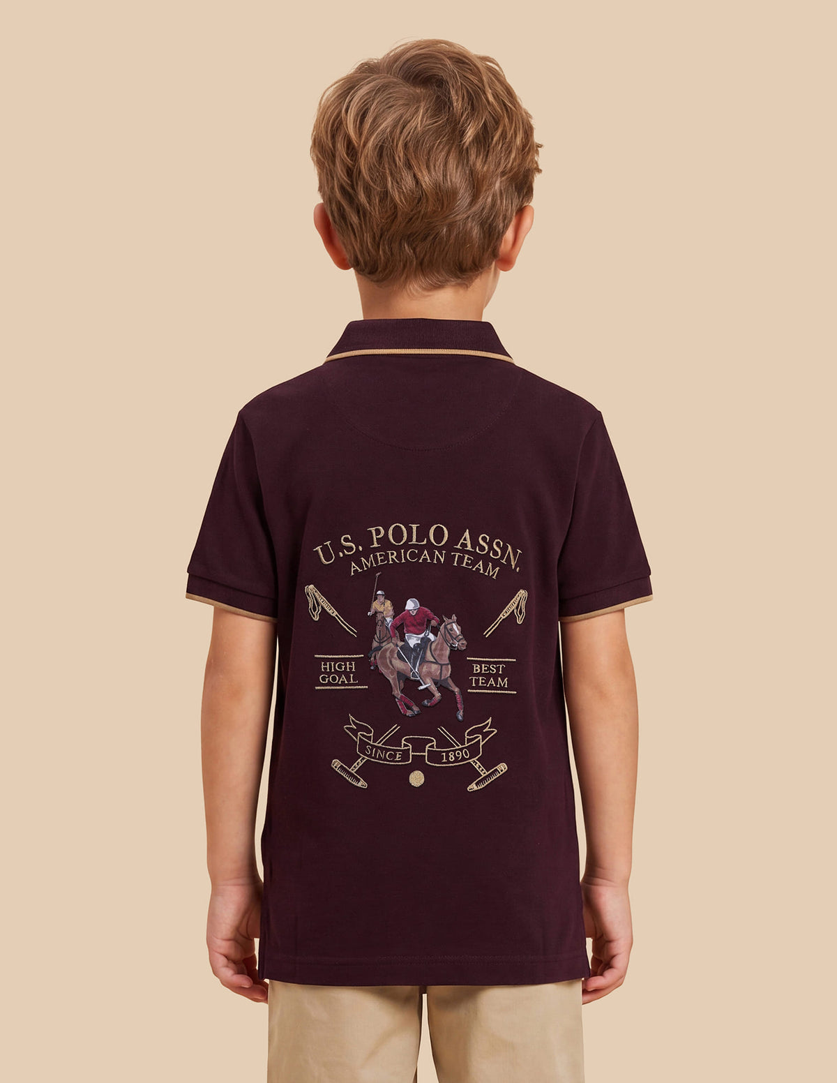 Boys Wine Cotton Embroidered Regular Fit Polo Shirt