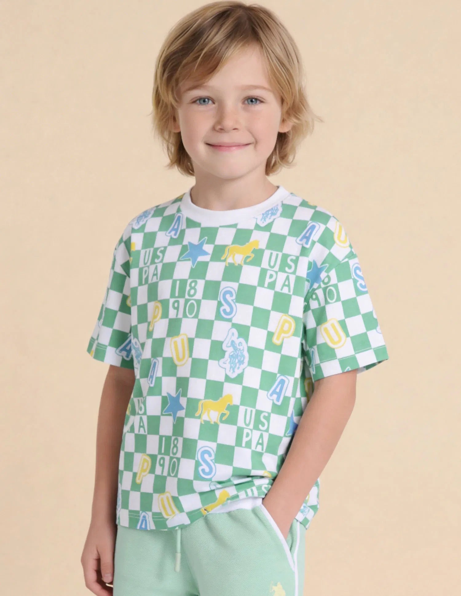 Boys Green Checked Cotton T-Shirt – Oversized Fit