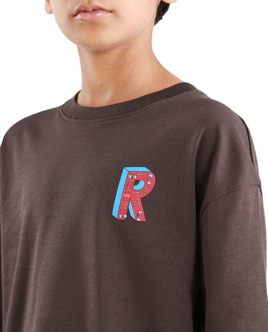 Rare Ones Boys Dark Brown Puff Print Boxy Cotton T-Shirt