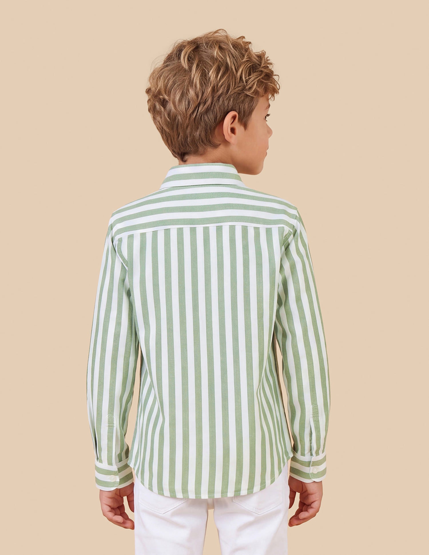 Boys Green Cotton Vertical Striped Oxford Shirt