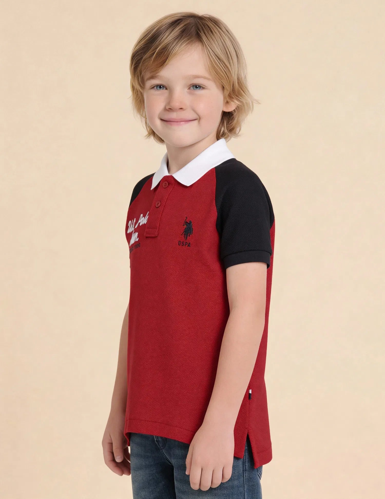 Boys Red Cotton Colour Block Regular Fit Polo Shirt