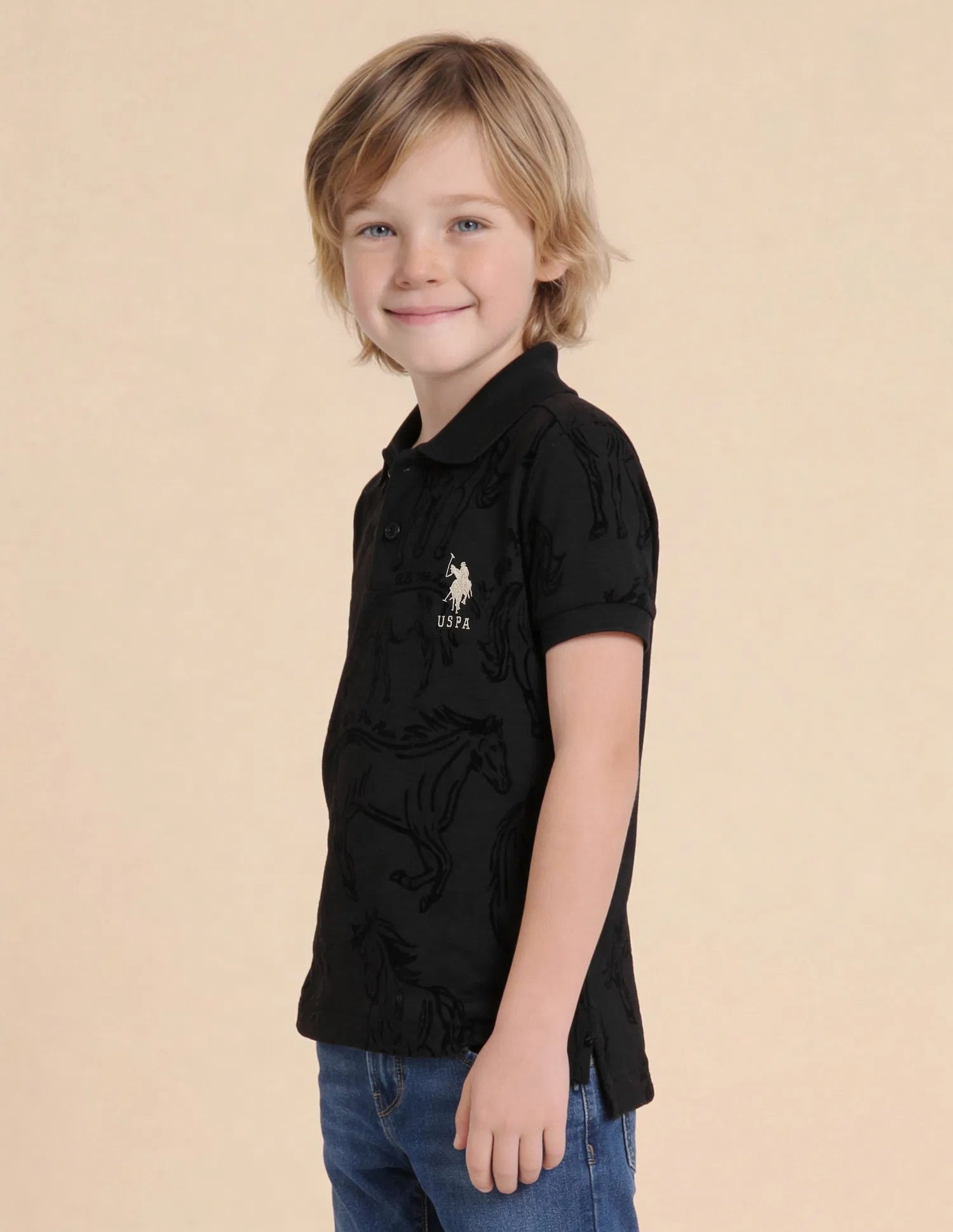 Boys Black Cotton Graphic Print Regular Fit Polo Shirt
