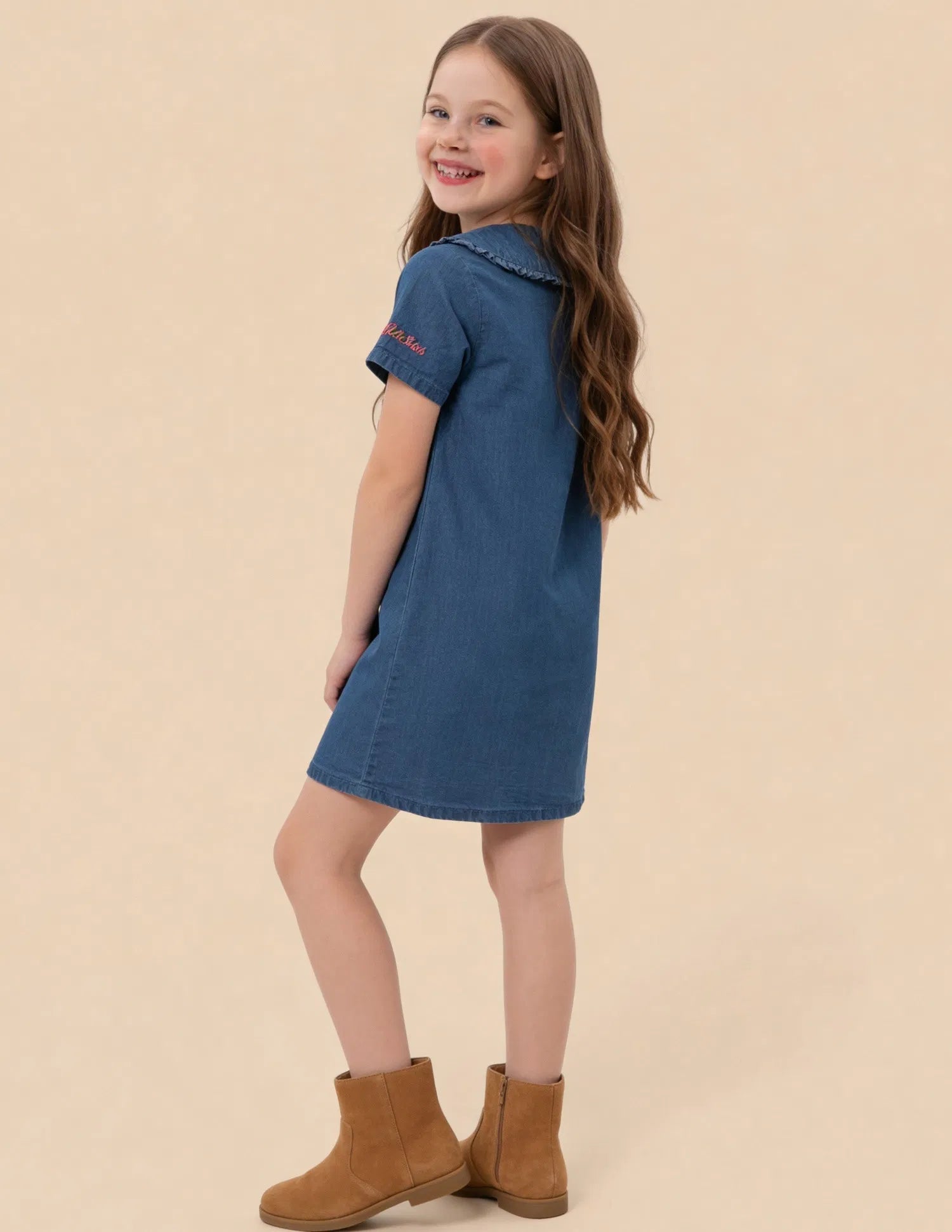 Girls Dark Blue Cotton Solid Denim A-Line Dress