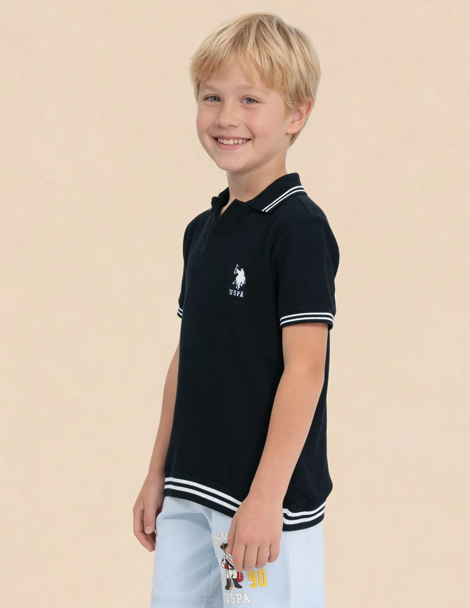 Boys Navy Cotton Typography Print Regular Fit Polo Shirt