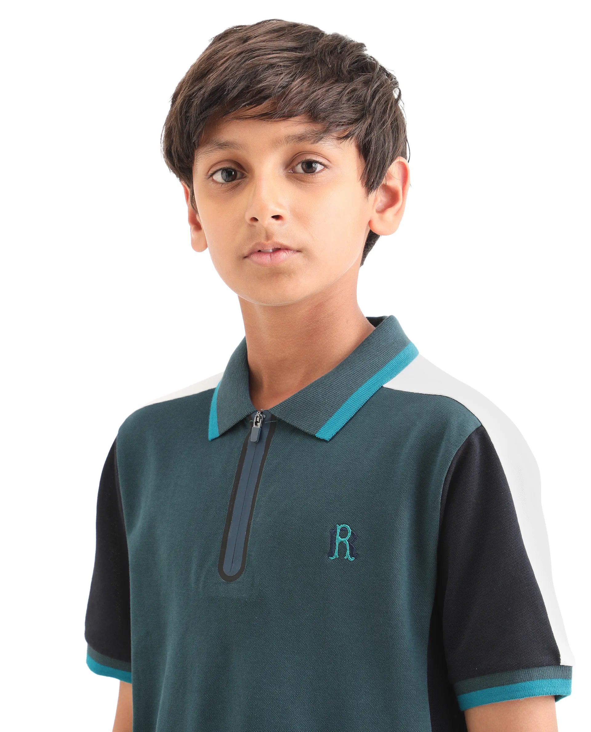 Boys Teal Embroidered Zipper Polo Shirt