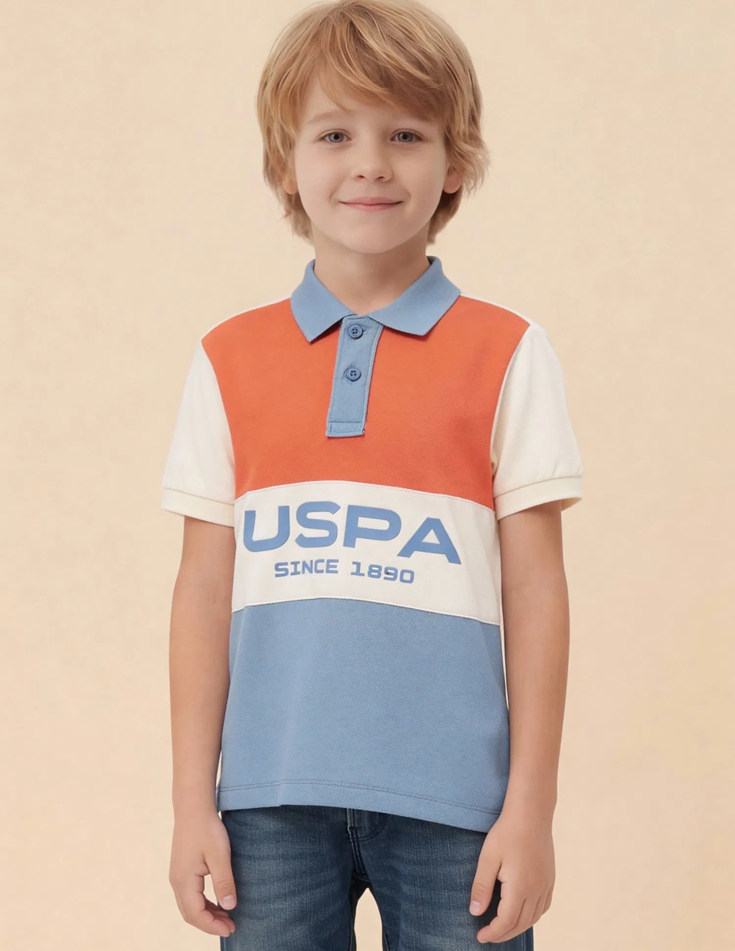 Boys Blue Cotton Colour Block Regular Fit Polo Shirt