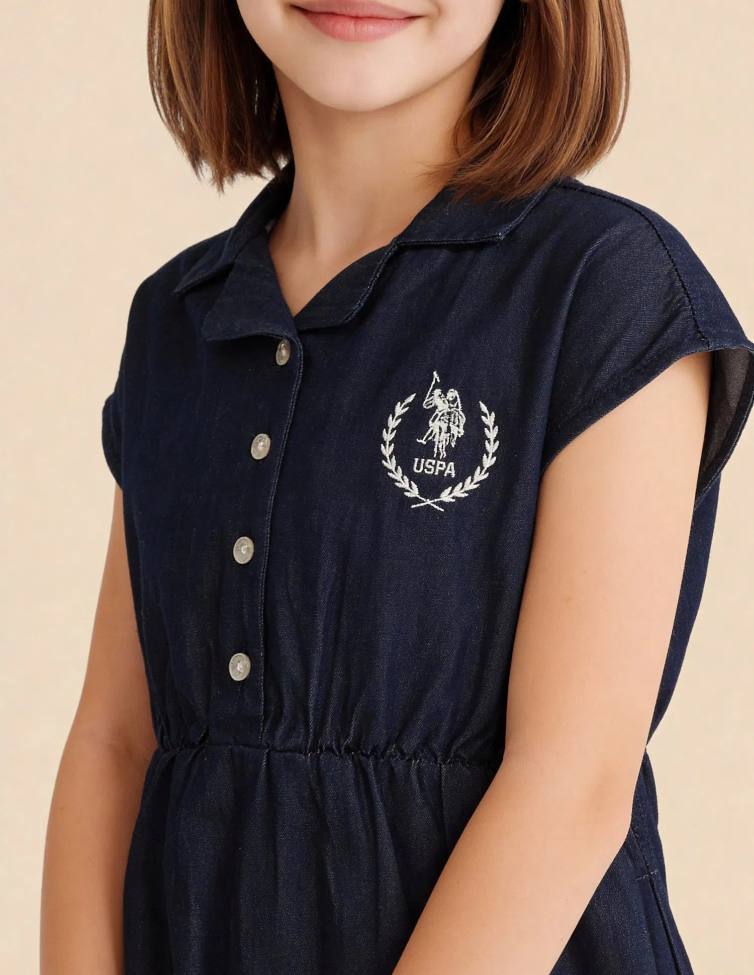 Girls Navy Cotton Solid Shirt Collar Skater Dress