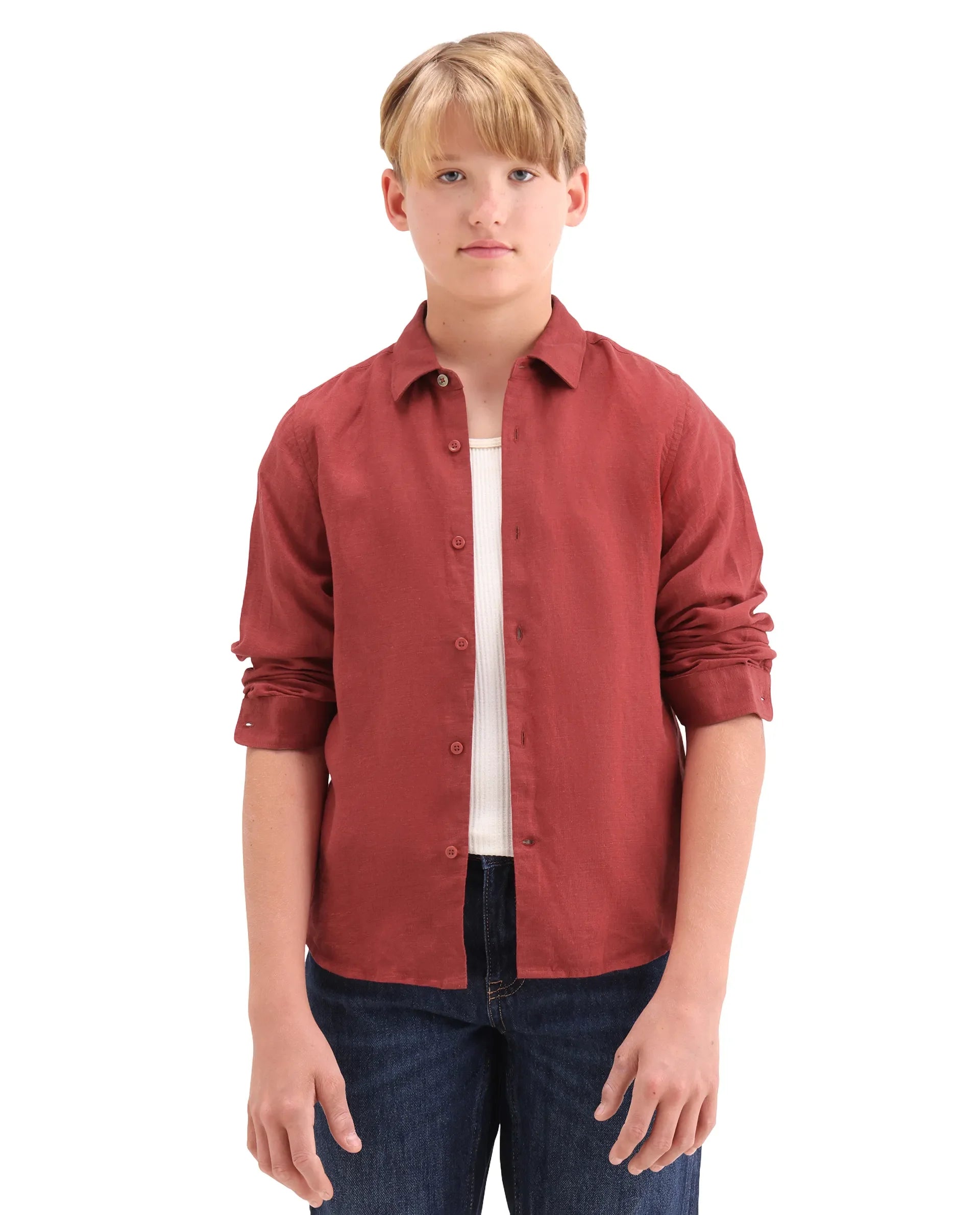 Boys Red Linen Blend Regular Fit Shirt