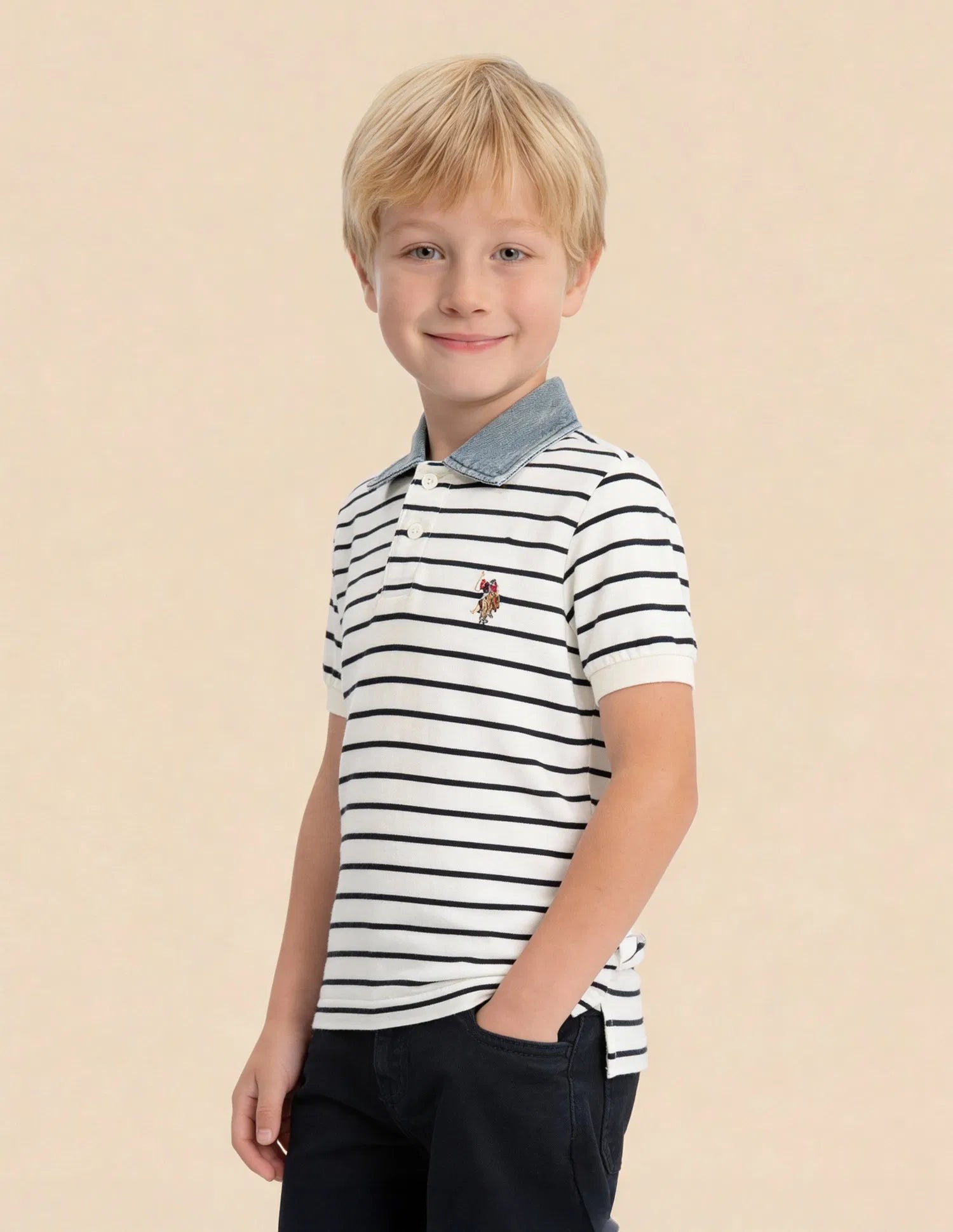 Boys Off White Cotton Horizontal Striped Regular Fit Polo Shirt
