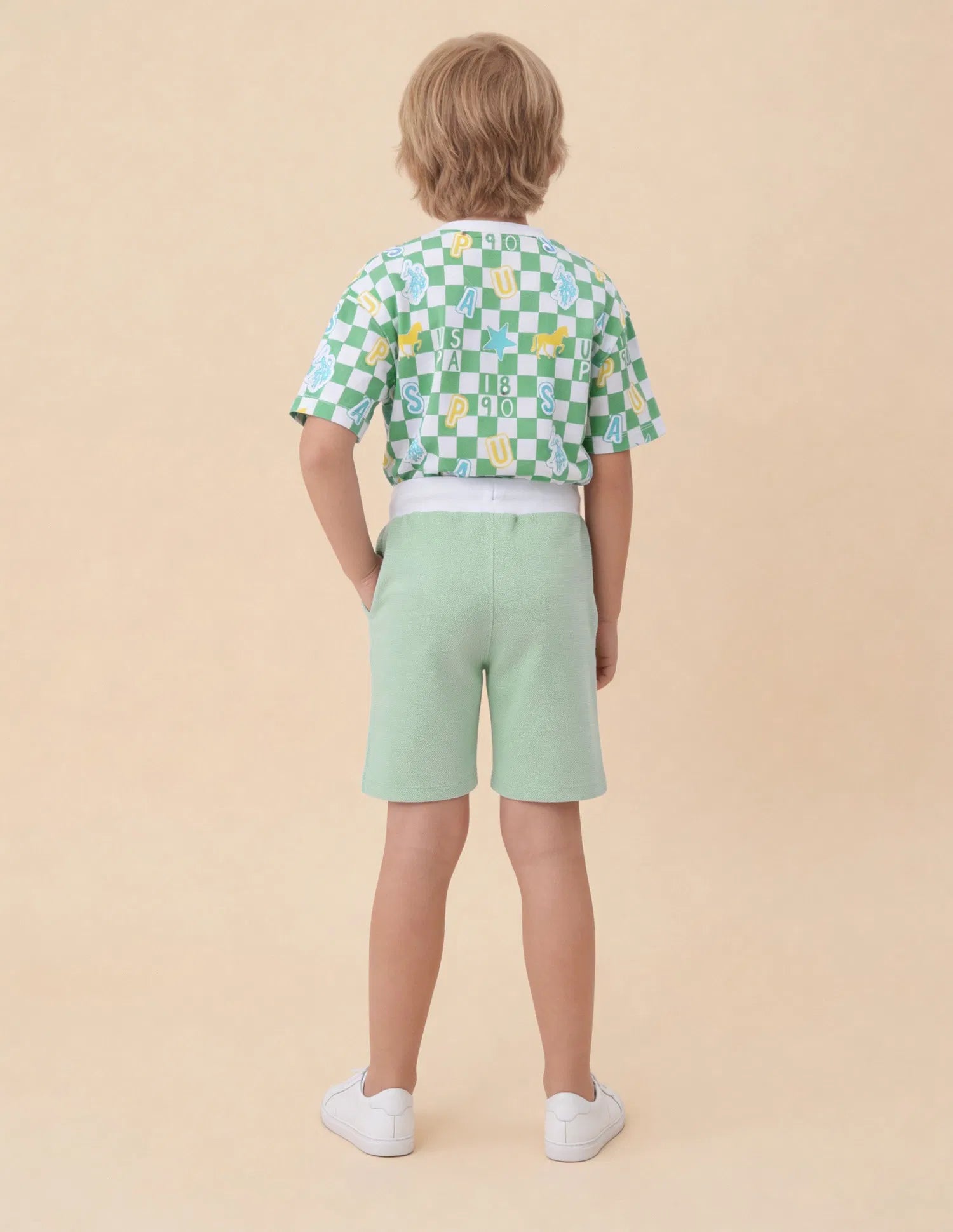 Boys Green Textured Cotton Shorts Regular Fit