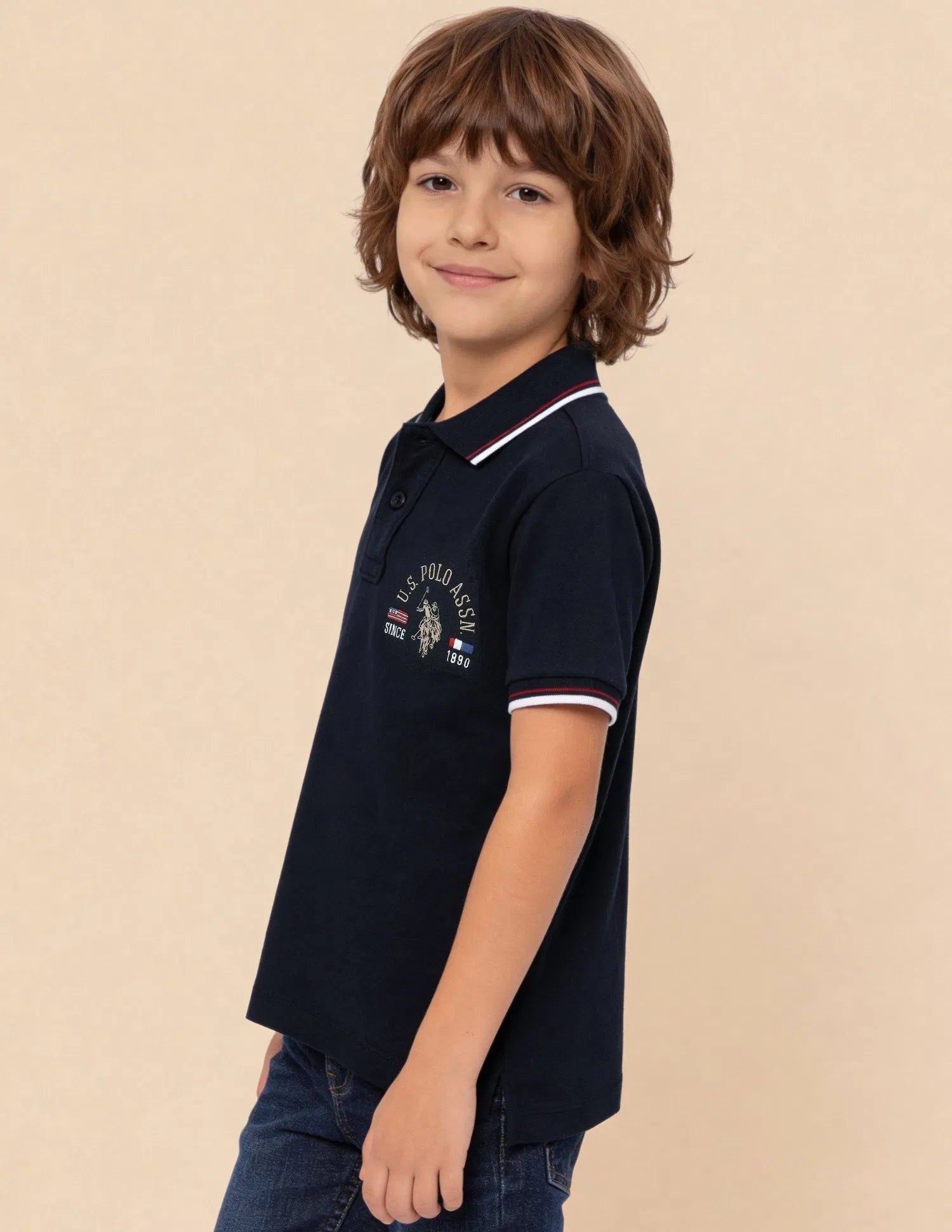 Boys Navy Cotton Graphic Print Regular Fit Polo Shirt