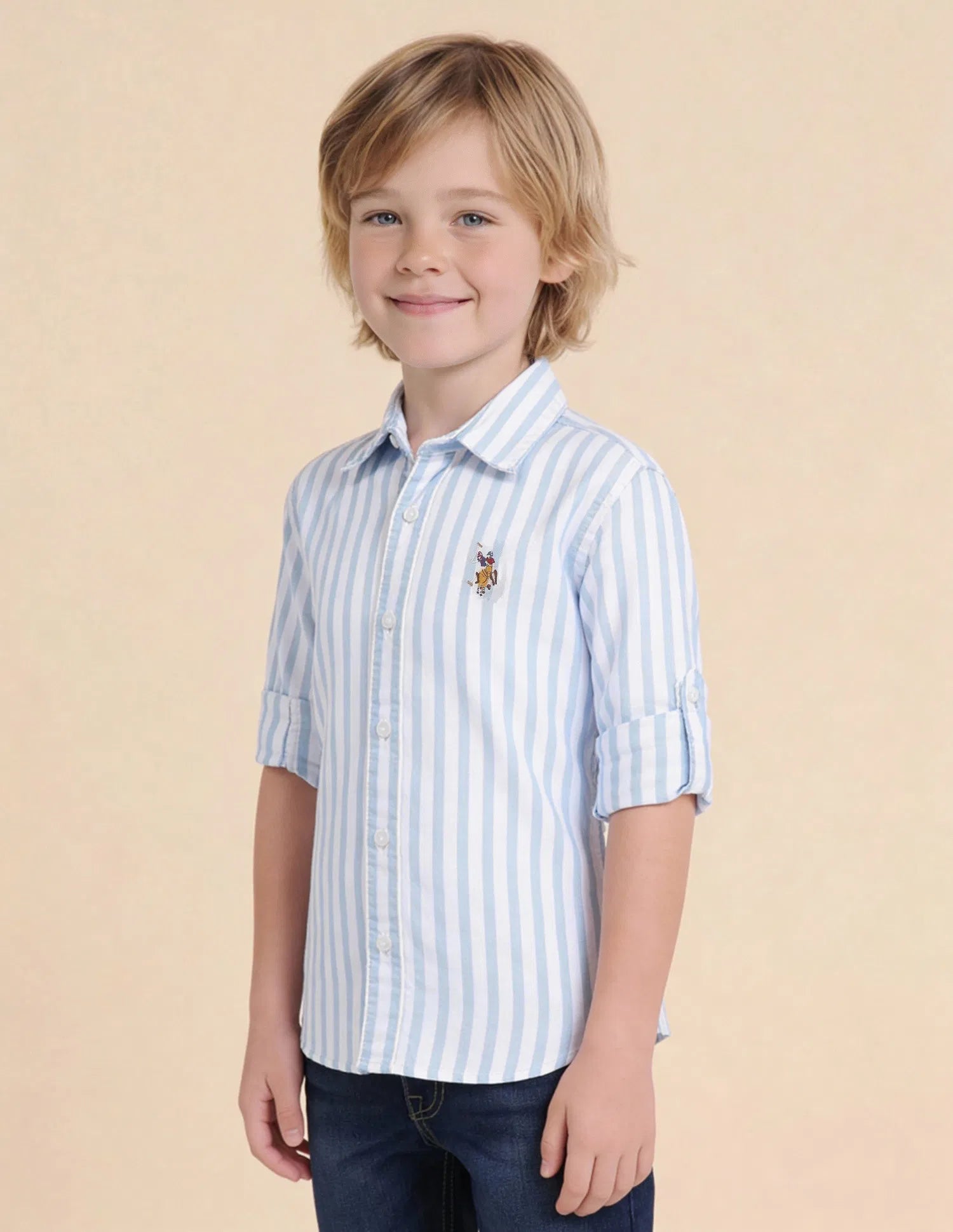 Boys Blue Vertical Striped Cotton Oxford Shirt – Regular Fit
