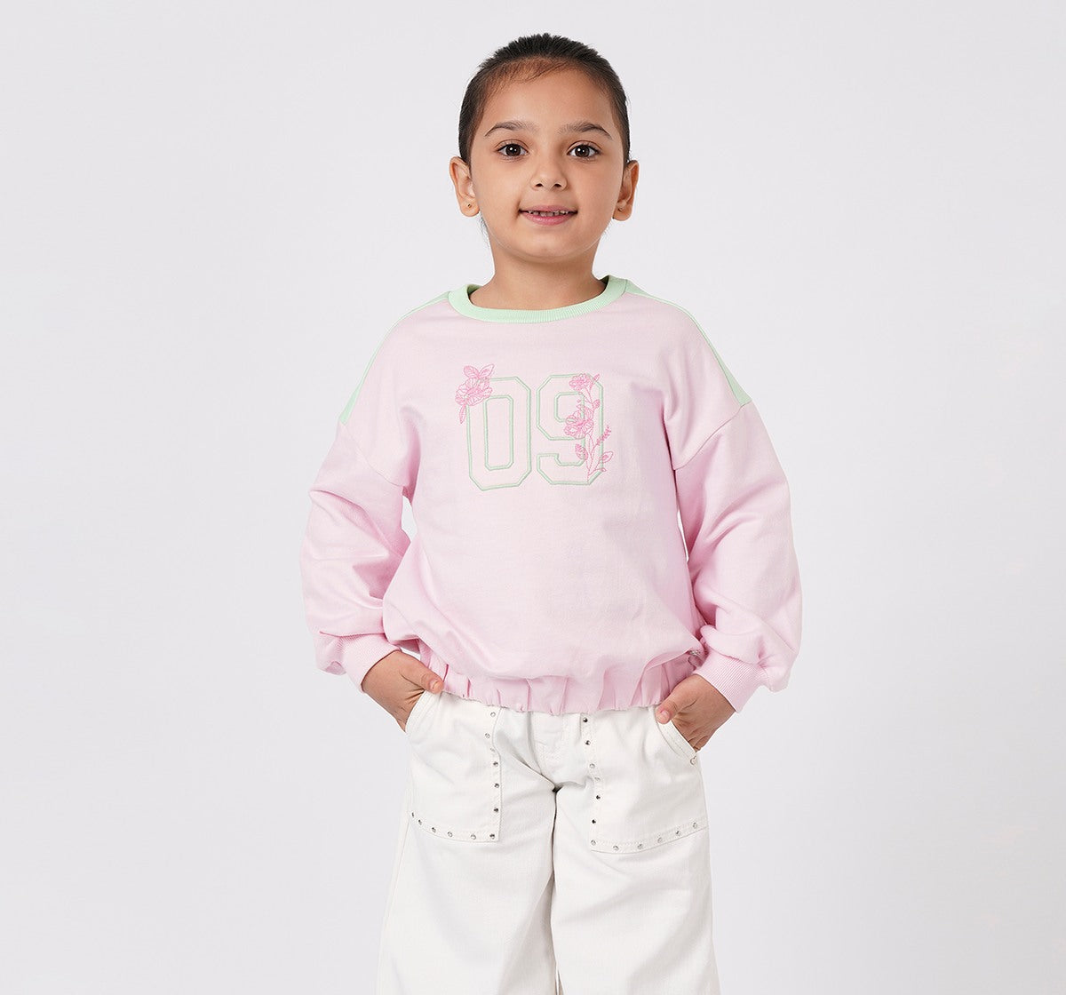 Girls Light Pink Floral 09 Graphic Balloon Hem Sweatshirt