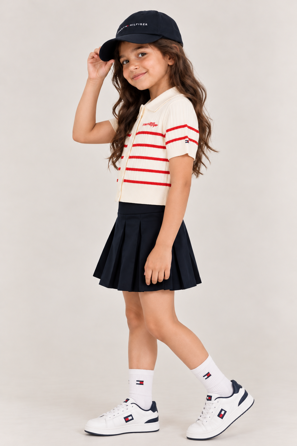 Girls Striped Regular Fit Cotton Polo T-Shirt Red Alert