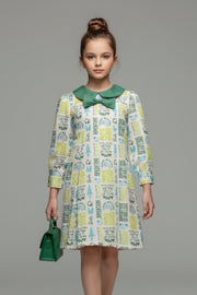 Barbie Off-White Printed Bow Collar Dress