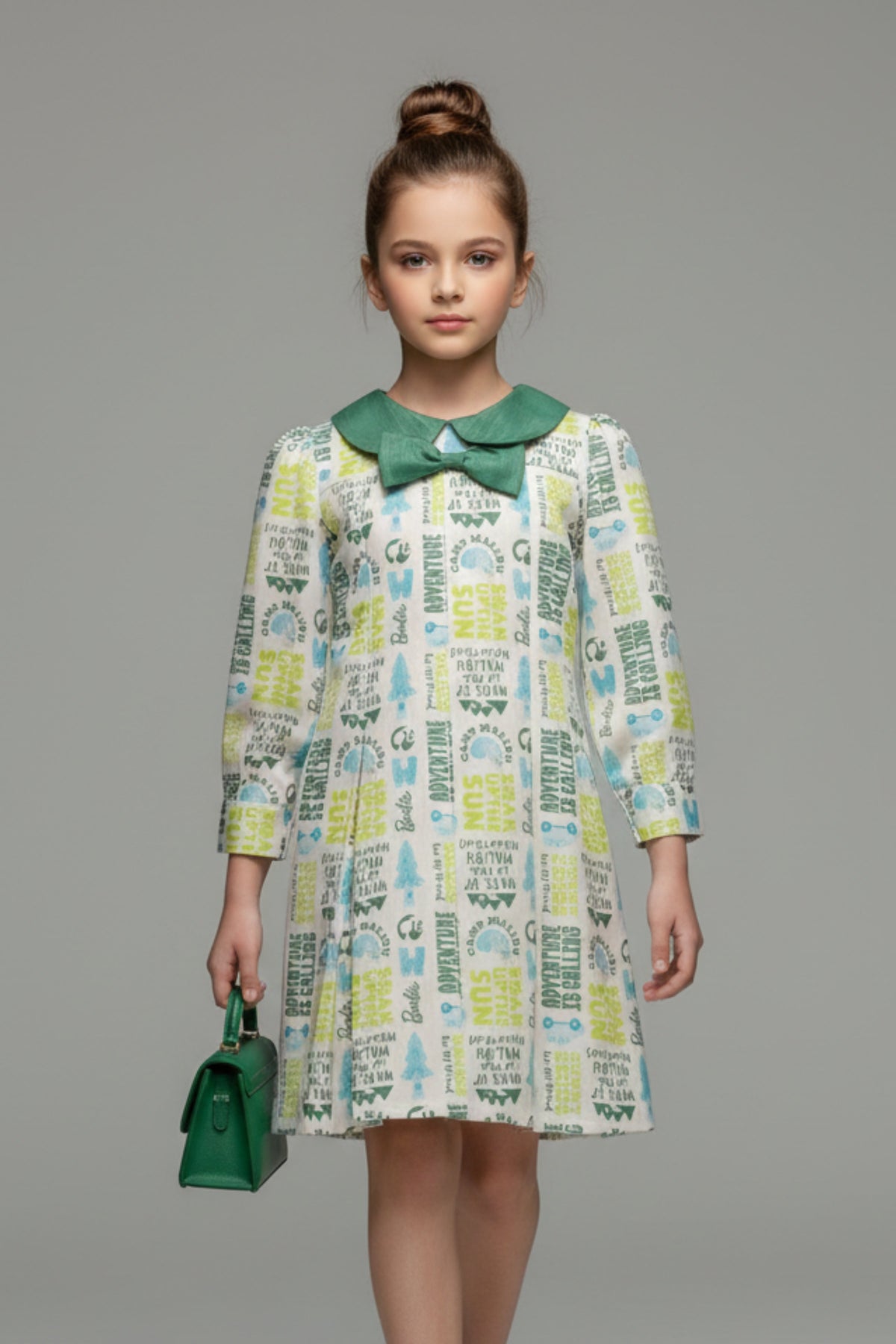 Barbie Off-White Printed Bow Collar Dress