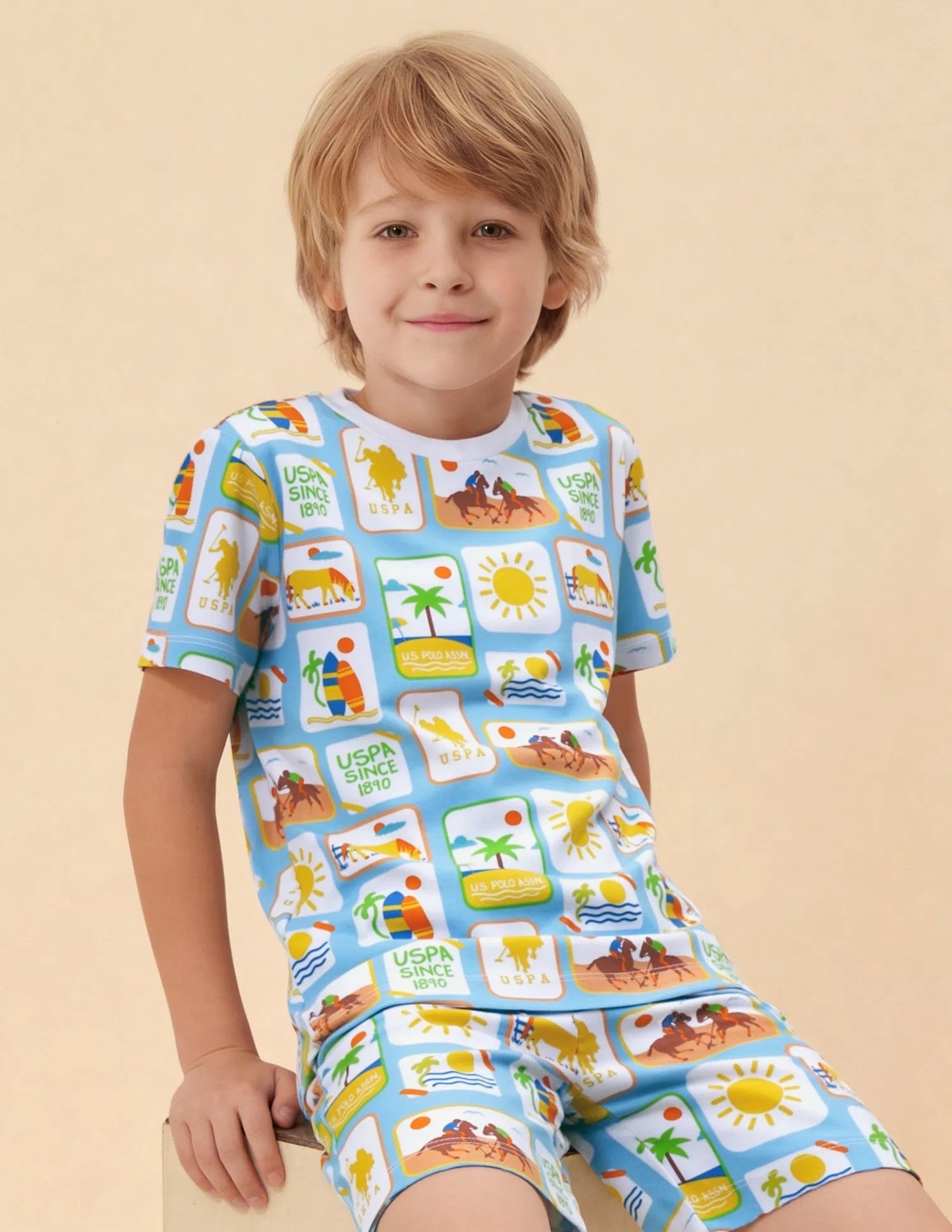 Boys Light Blue Cotton All Over Graphic Regular Fit T-Shirt