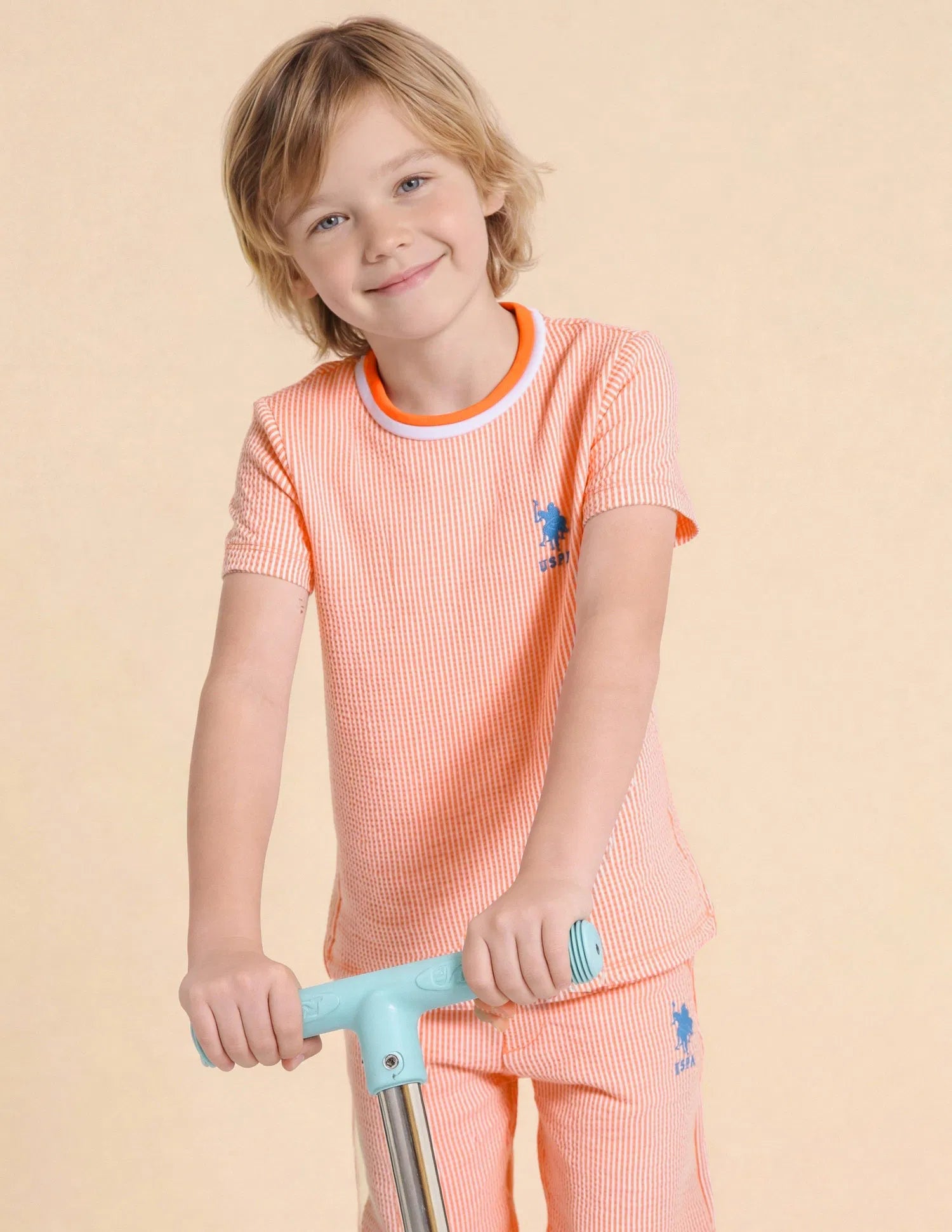 Boys Orange Cotton Blend Vertical Striped Regular Fit T-Shirt