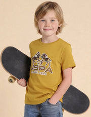 Boys Mustard Cotton Graphic Print Regular Fit T-Shirt