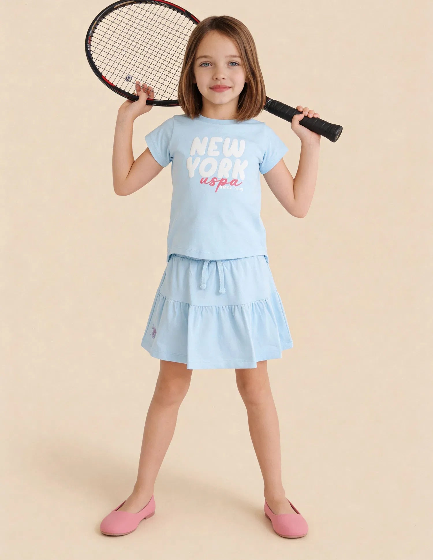 Girls Blue Cotton Typographic Printed Regular Fit Top